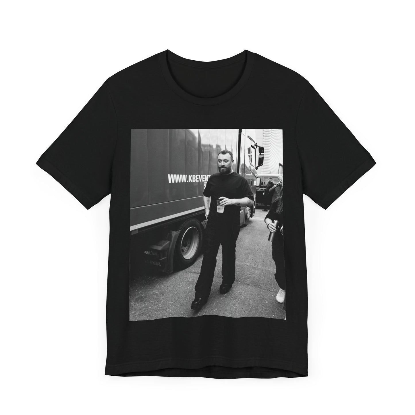 A black graphic t-shirt featuring a graphic or photo of Sam Smith in a backstage setting.