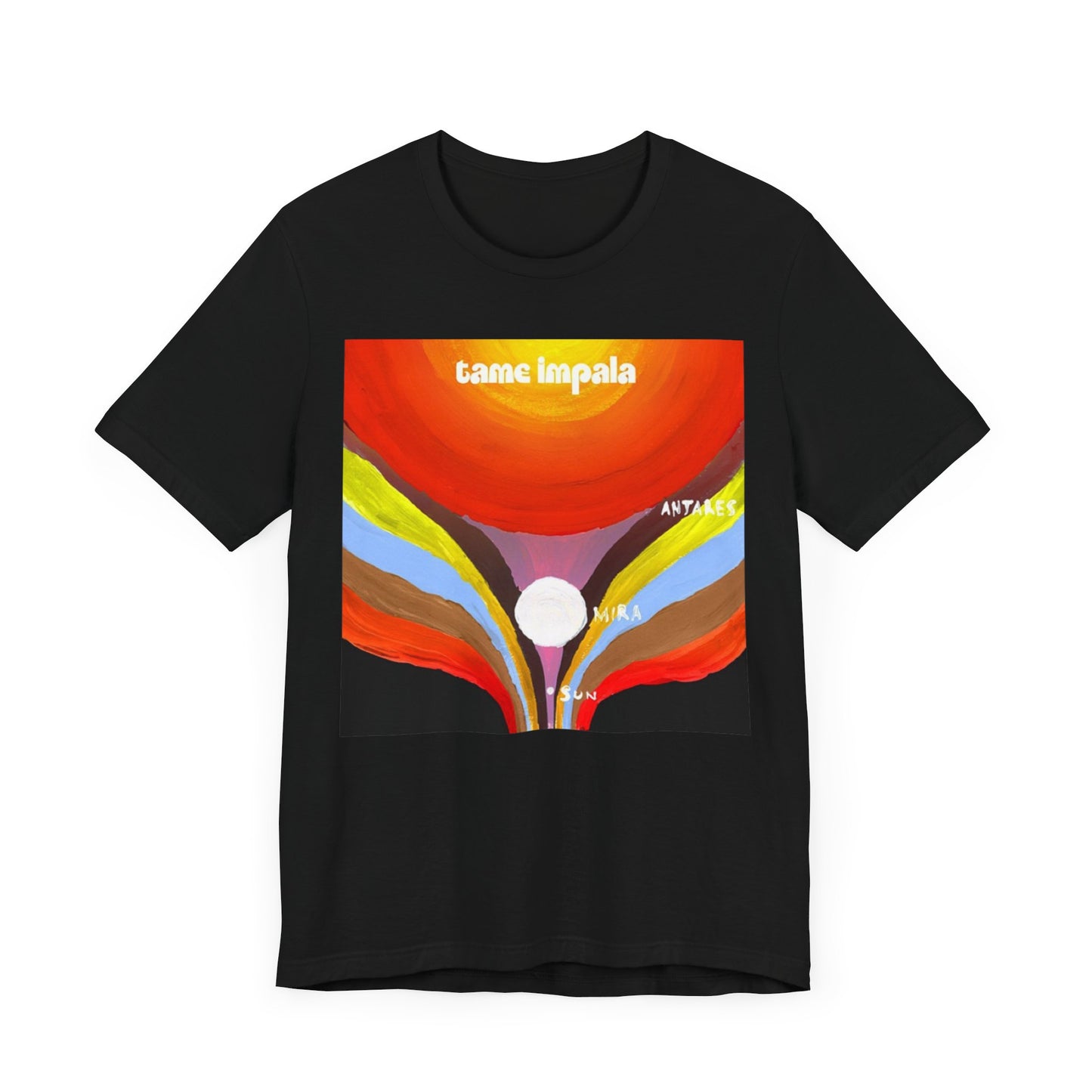 A black graphic t-shirt featuring a graphic inspired by Tame Impala's albums.