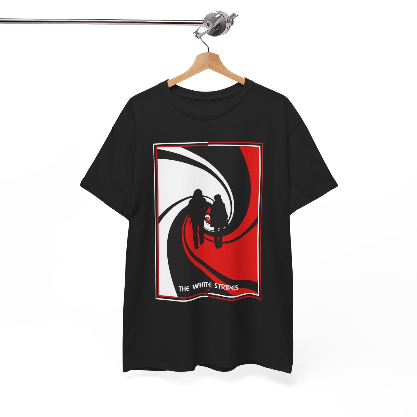A black graphic t-shirt featuring a minimalist design graphic for The White Stripes.