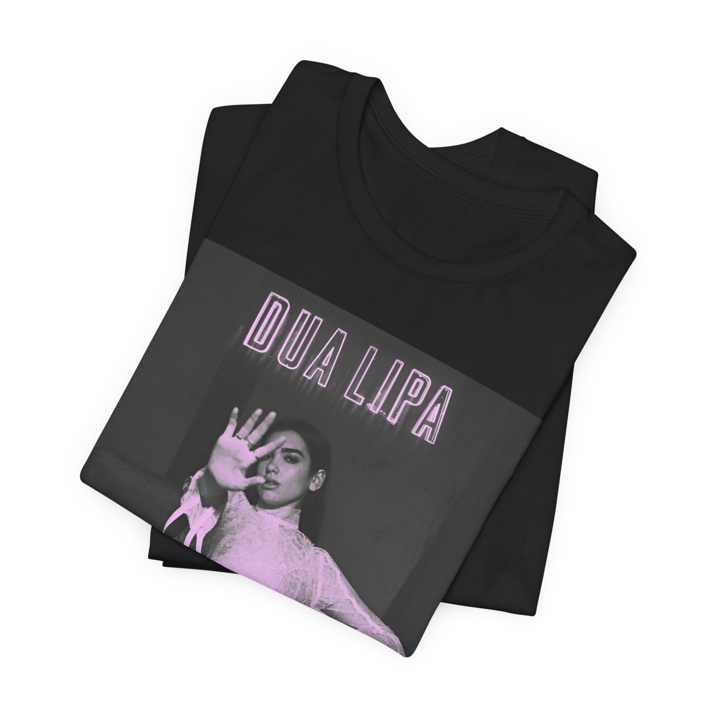 A black graphic t-shirt featuring a photo of Dua Lipa with a pink monochrome effect.
