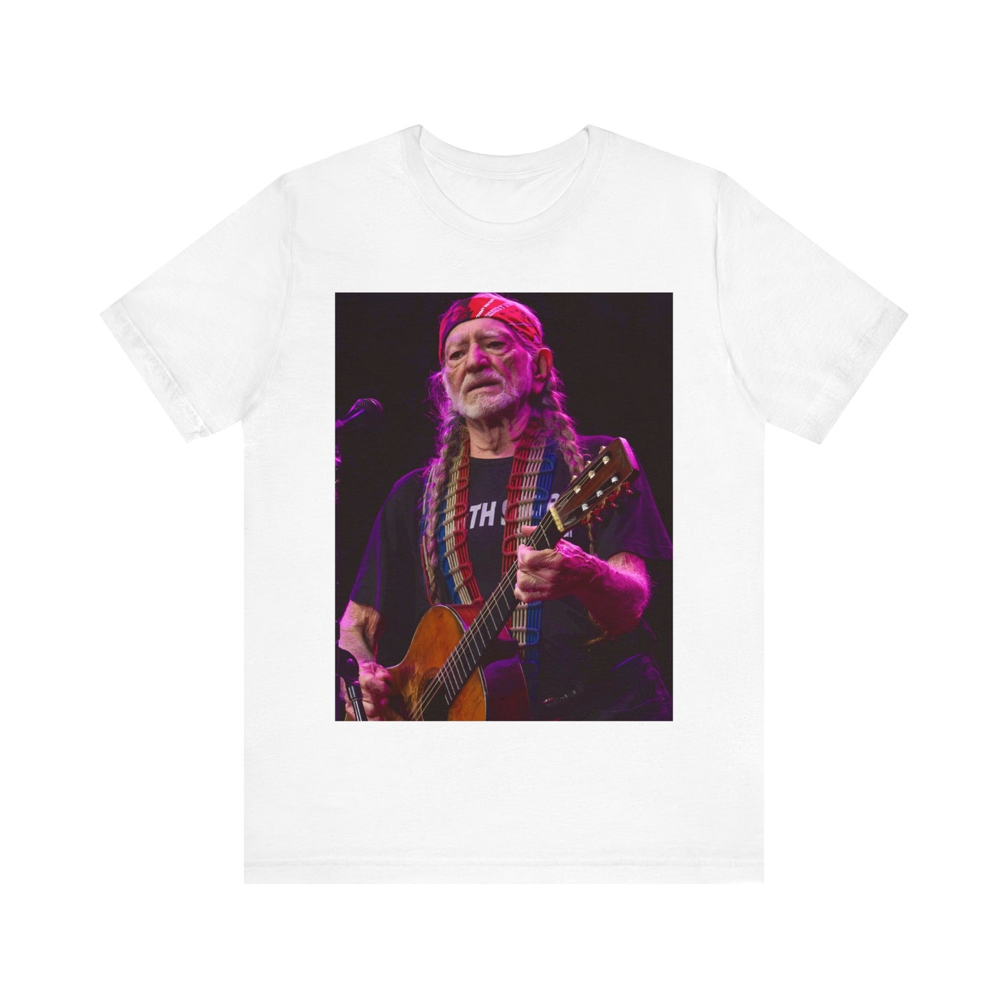 A black graphic t-shirt featuring an outlaw country legend graphic of Willie Nelson.