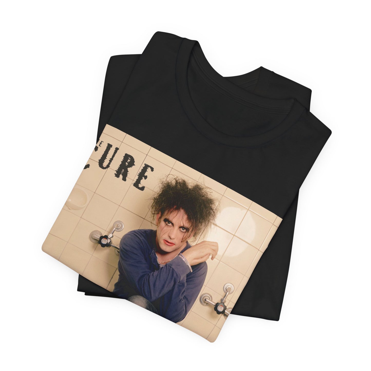 A black graphic t-shirt featuring a graphic related to The Cure's 'Friday I'm In Love' song or era.