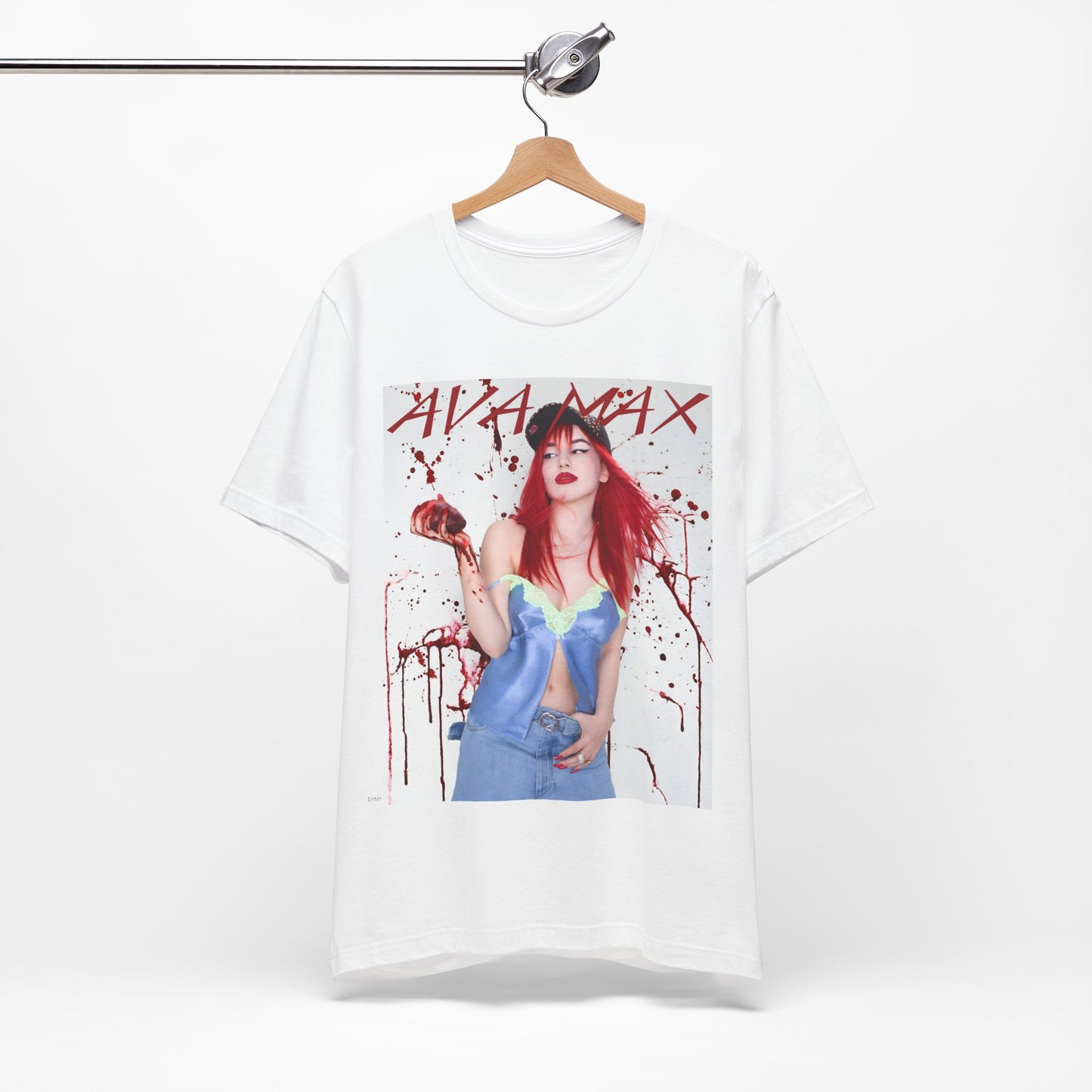 A black graphic t-shirt featuring a bold and vibrant pop art style graphic of Ava Max.