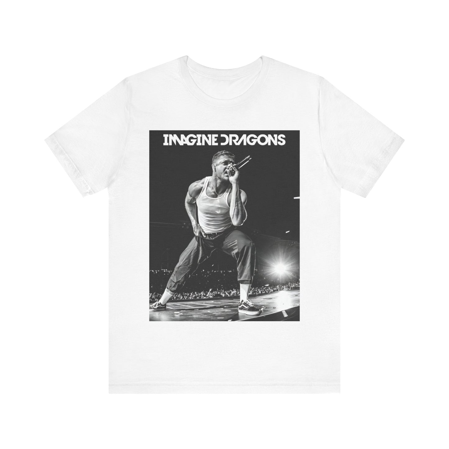 A black graphic t-shirt featuring a black and white graphic related to Imagine Dragons' 'Radioactive' song or era.