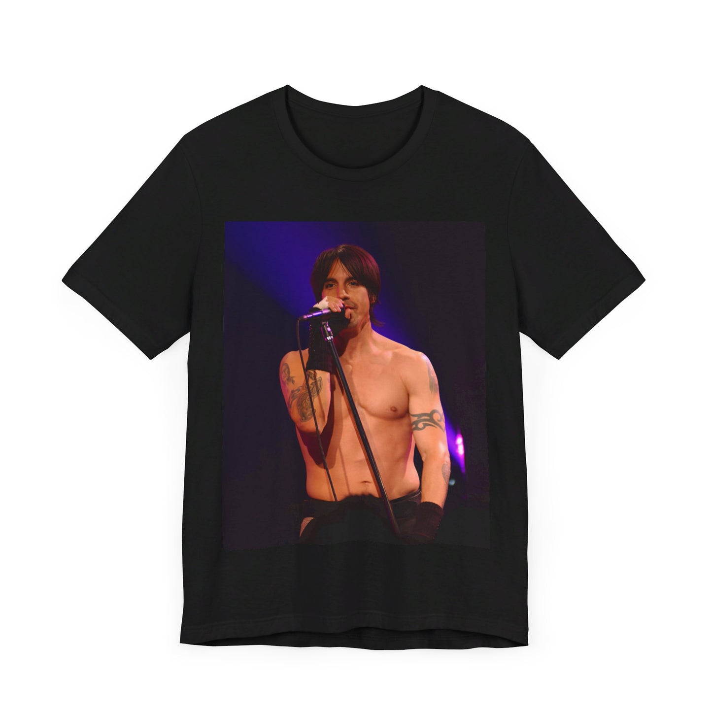 A black graphic t-shirt featuring a graphic of Anthony Kiedis from Red Hot Chili Peppers on tour.