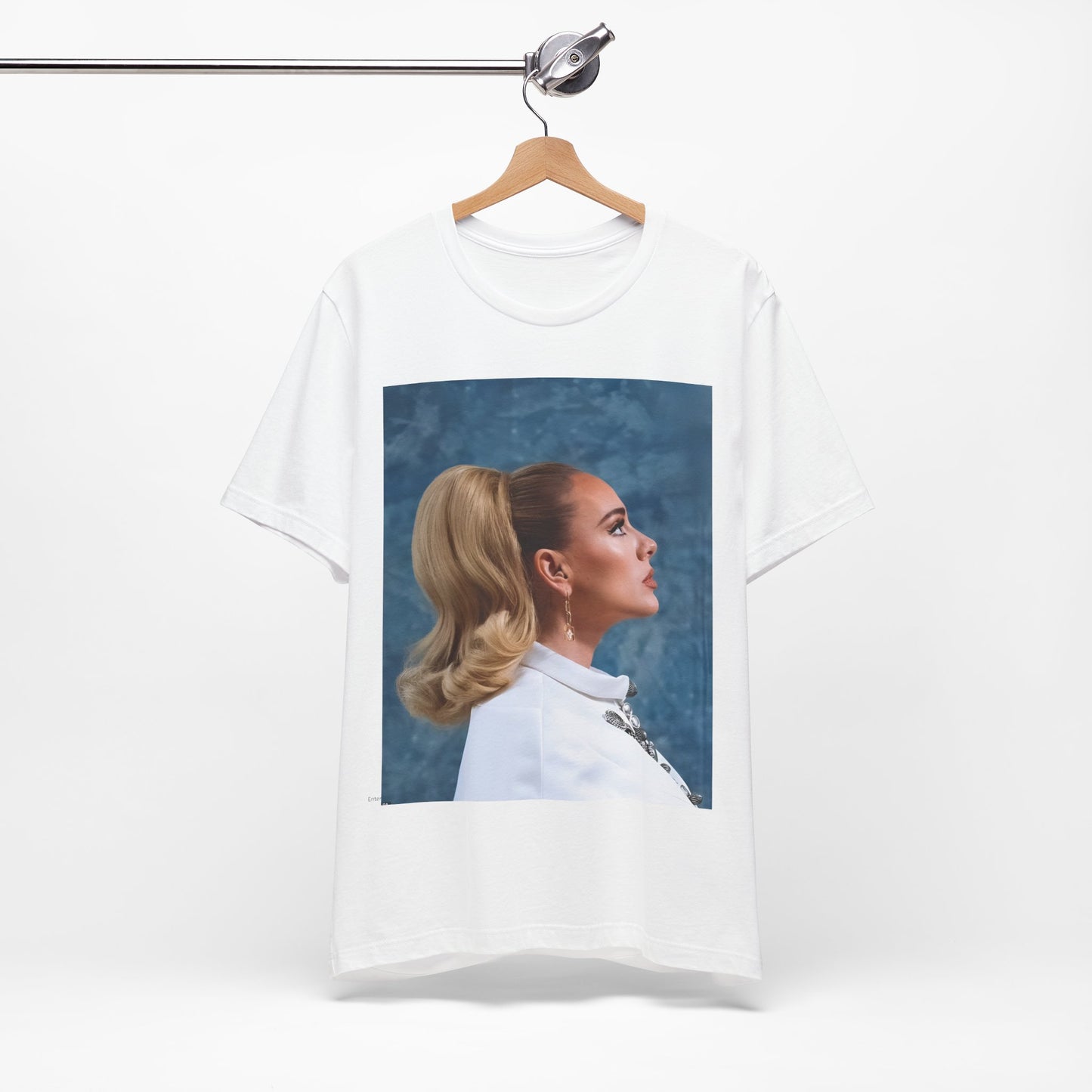 A black graphic t-shirt featuring a black and white photo of Adele in a vintage glamorous look, with classic hair and makeup.