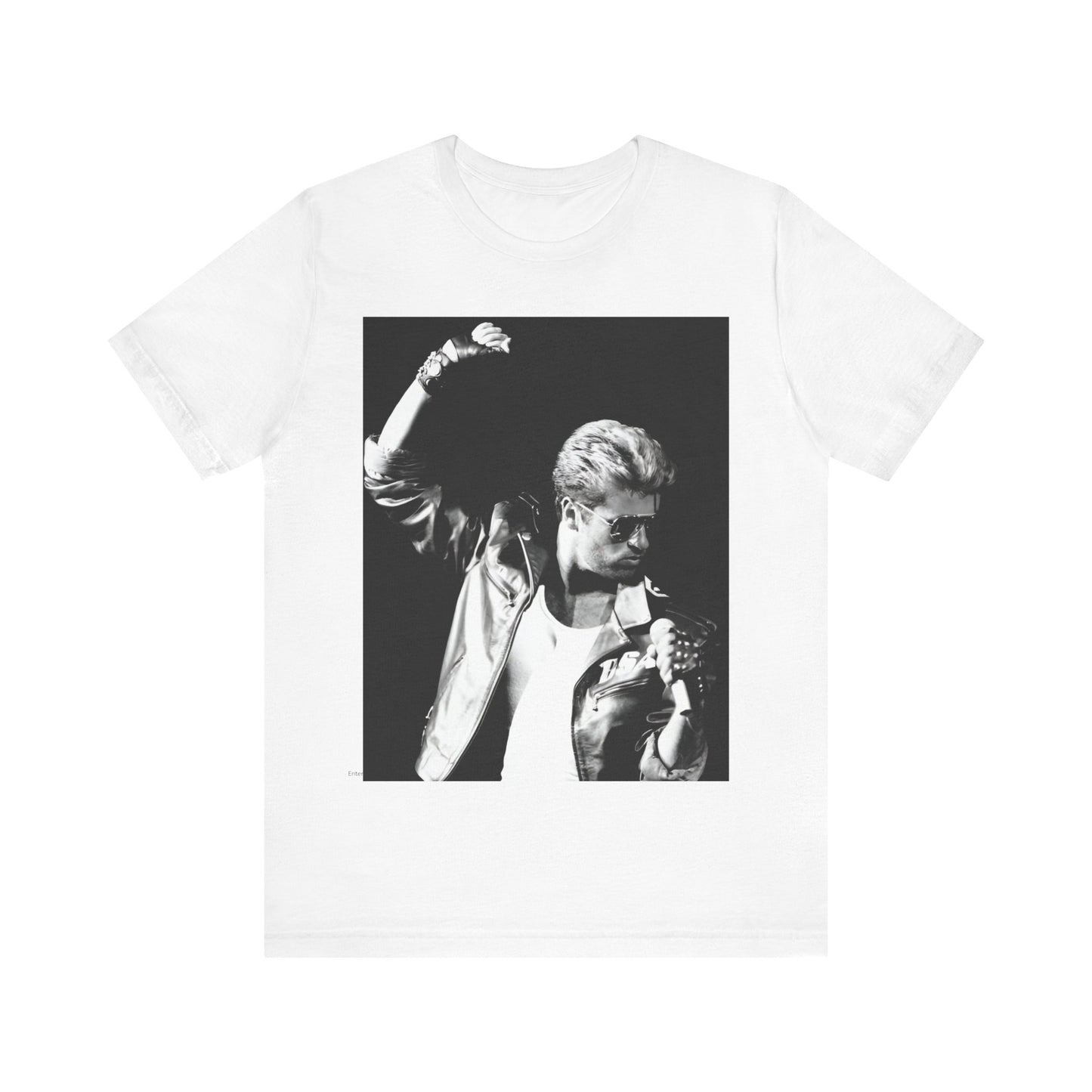 A black graphic t-shirt featuring a black and white photo of George Michael from his 'Faith' album era.