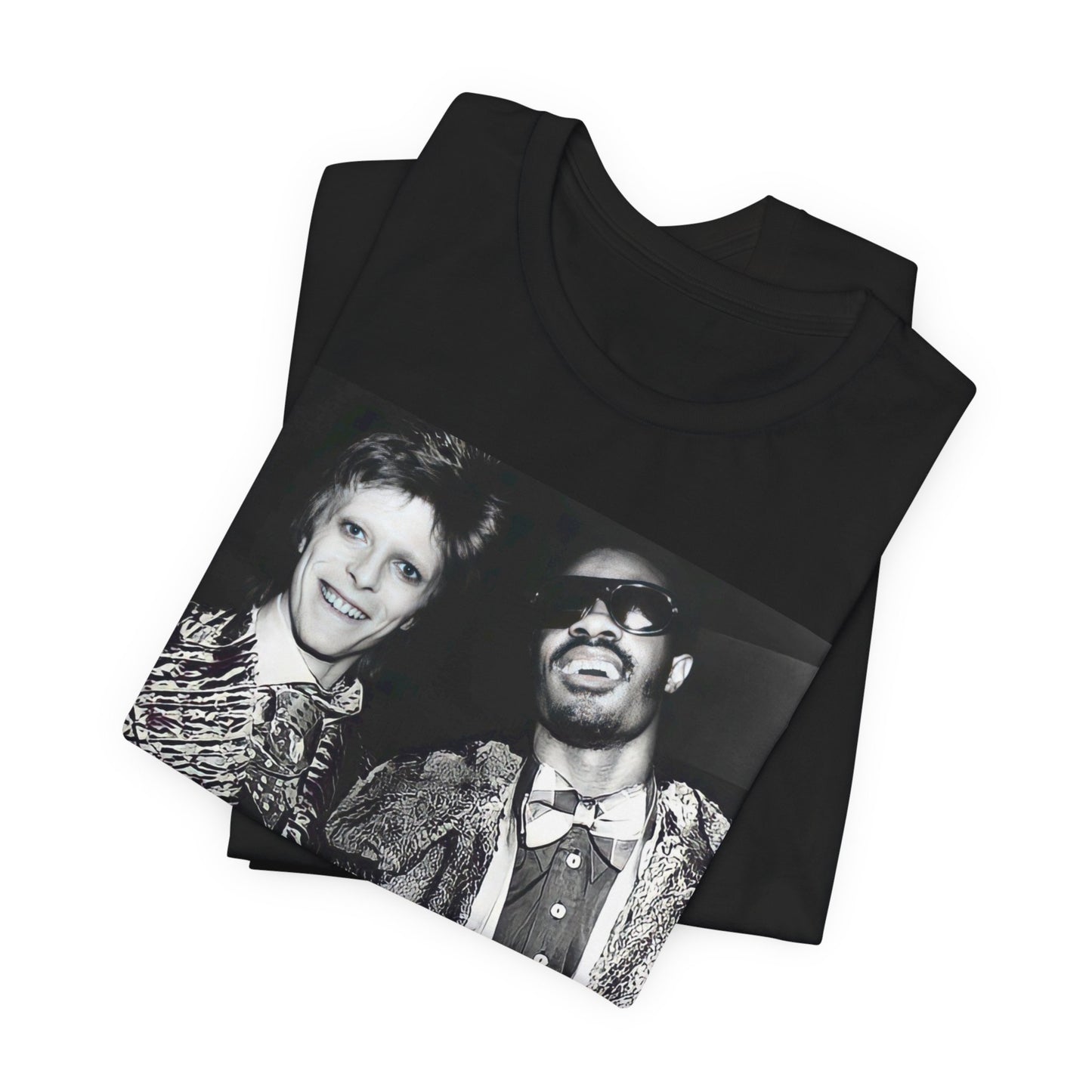 A black graphic t-shirt featuring a retro graphic of Stevie Wonder and David Bowie together.