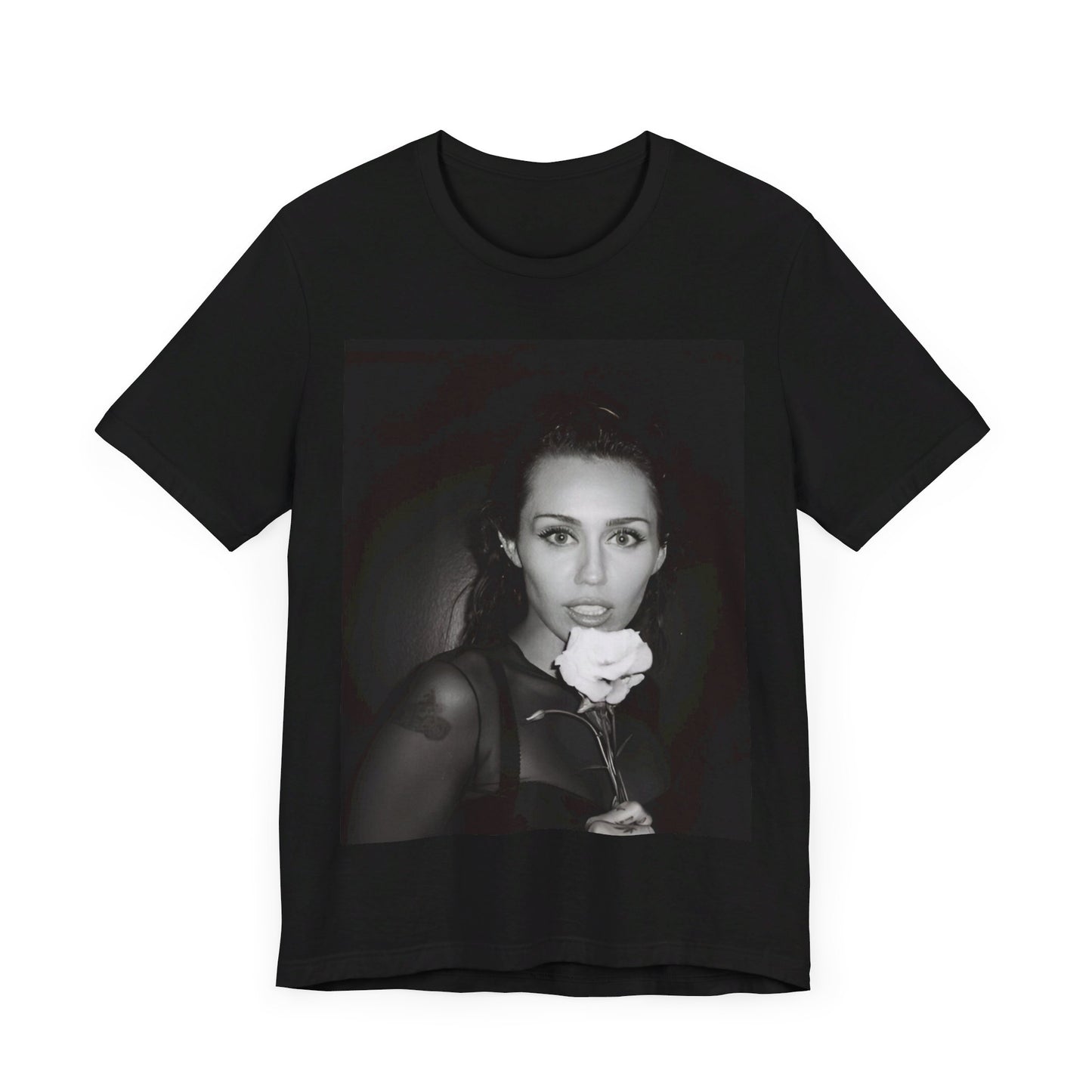 A black graphic t-shirt featuring a graphic related to Miley Cyrus' 'Flowers' song or era.