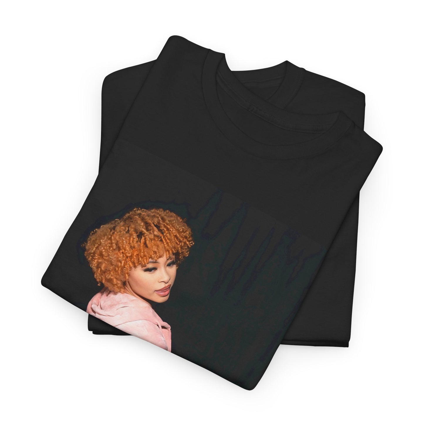 A black graphic t-shirt featuring a graphic of Ice Spice as a rap iconic viral sensation.