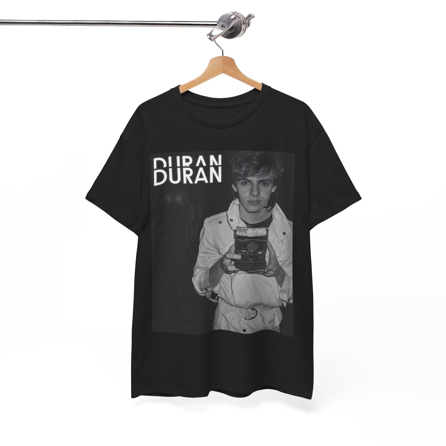 A black graphic t-shirt featuring an 80s black and white Polaroid-style photo of Duran Duran.