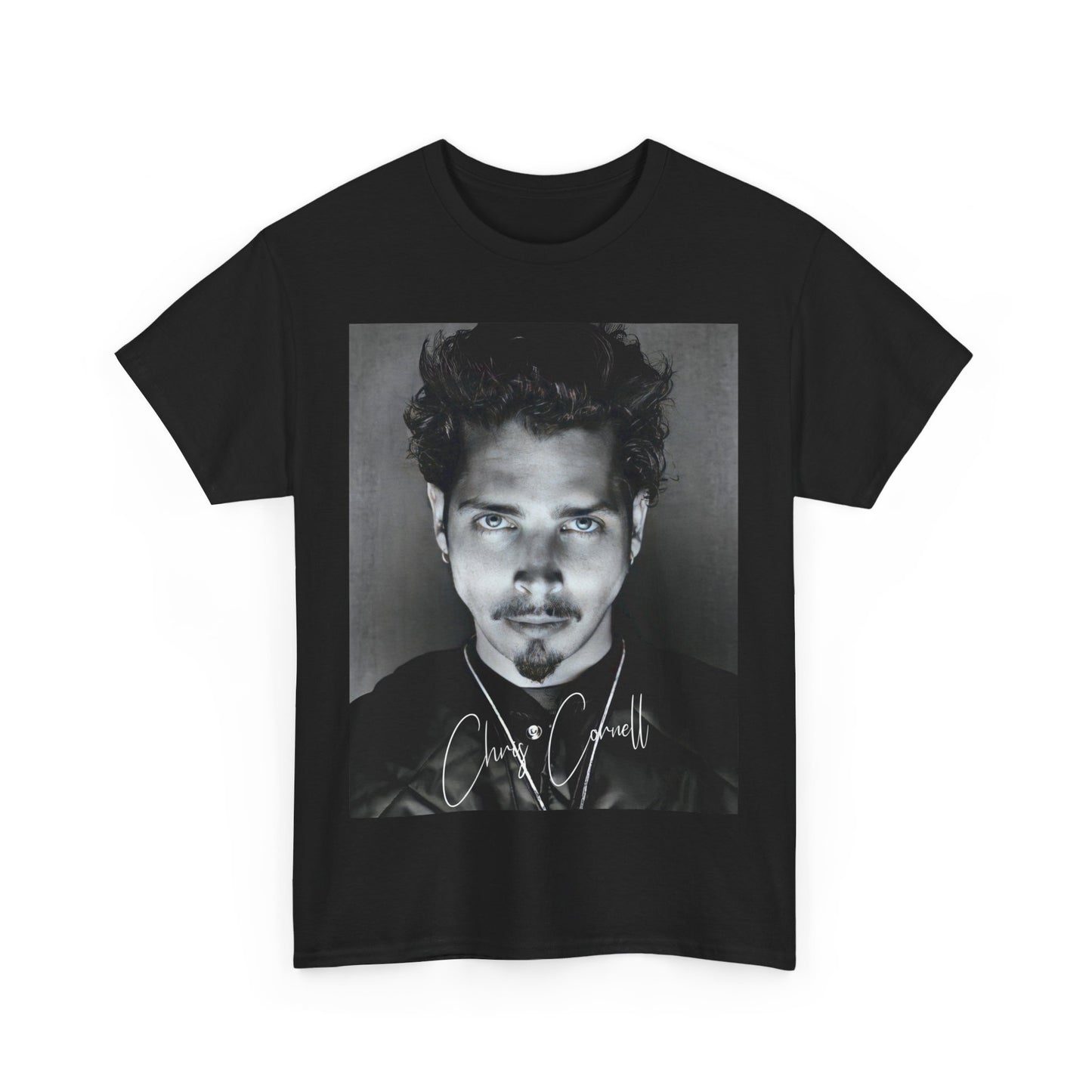A black graphic t-shirt featuring a retro graphic inspired by Soundgarden's 'Black Hole Sun' and Chris Cornell.