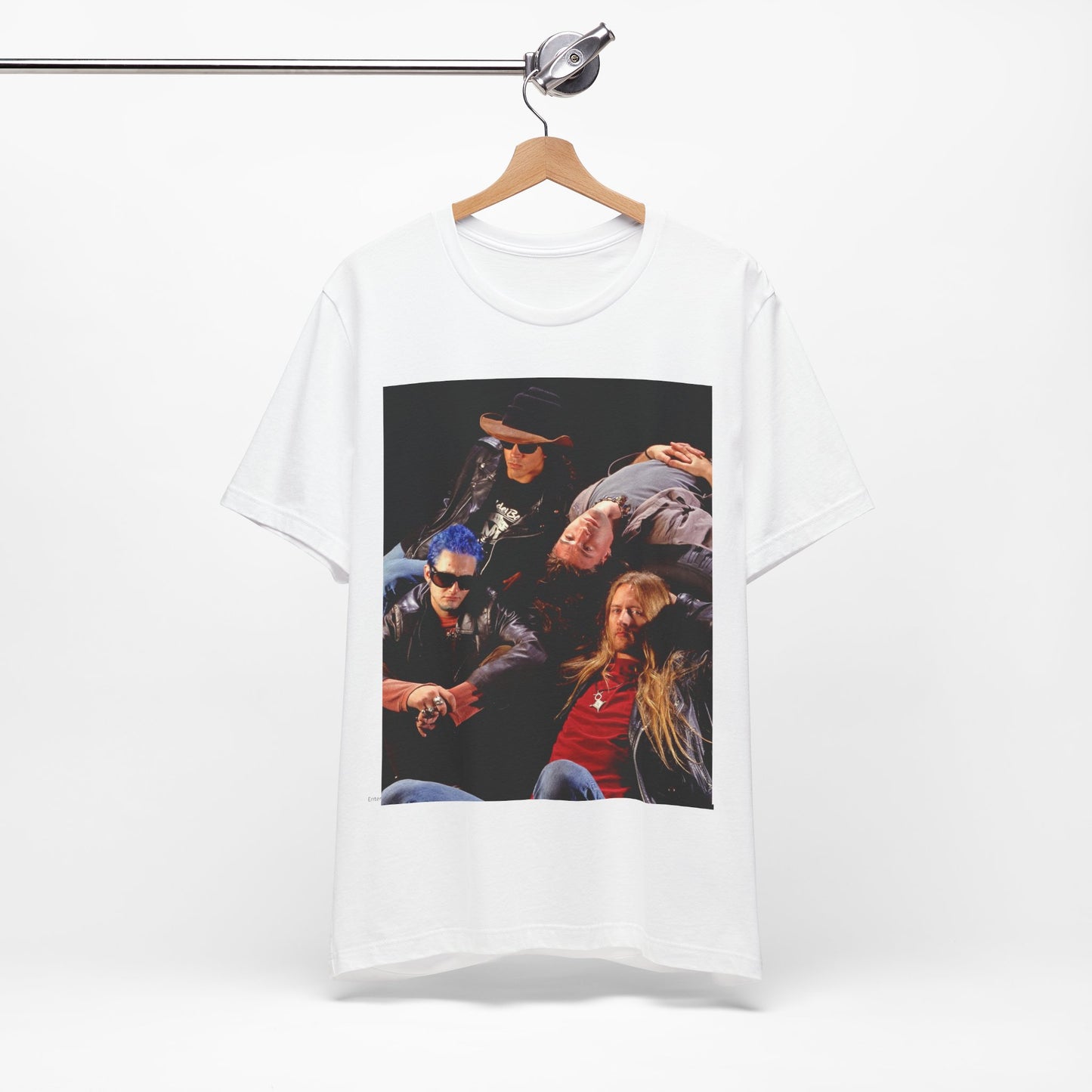 A black graphic t-shirt featuring a 90s grunge rock band graphic for Alice In Chains, possibly with band members or stylized elements.