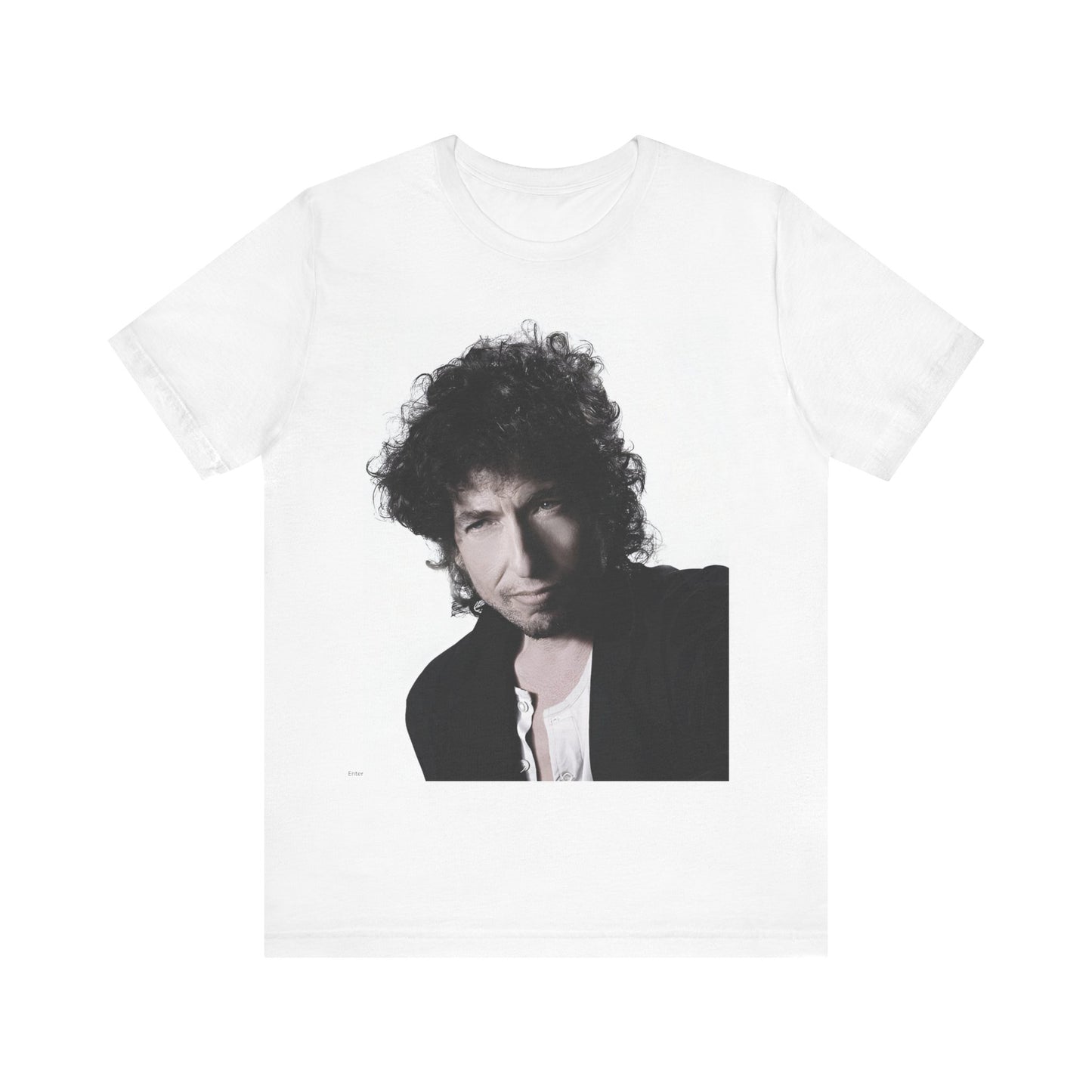 A black graphic t-shirt featuring a timeless folk rock graphic of Bob Dylan, possibly with his guitar or harmonica.
