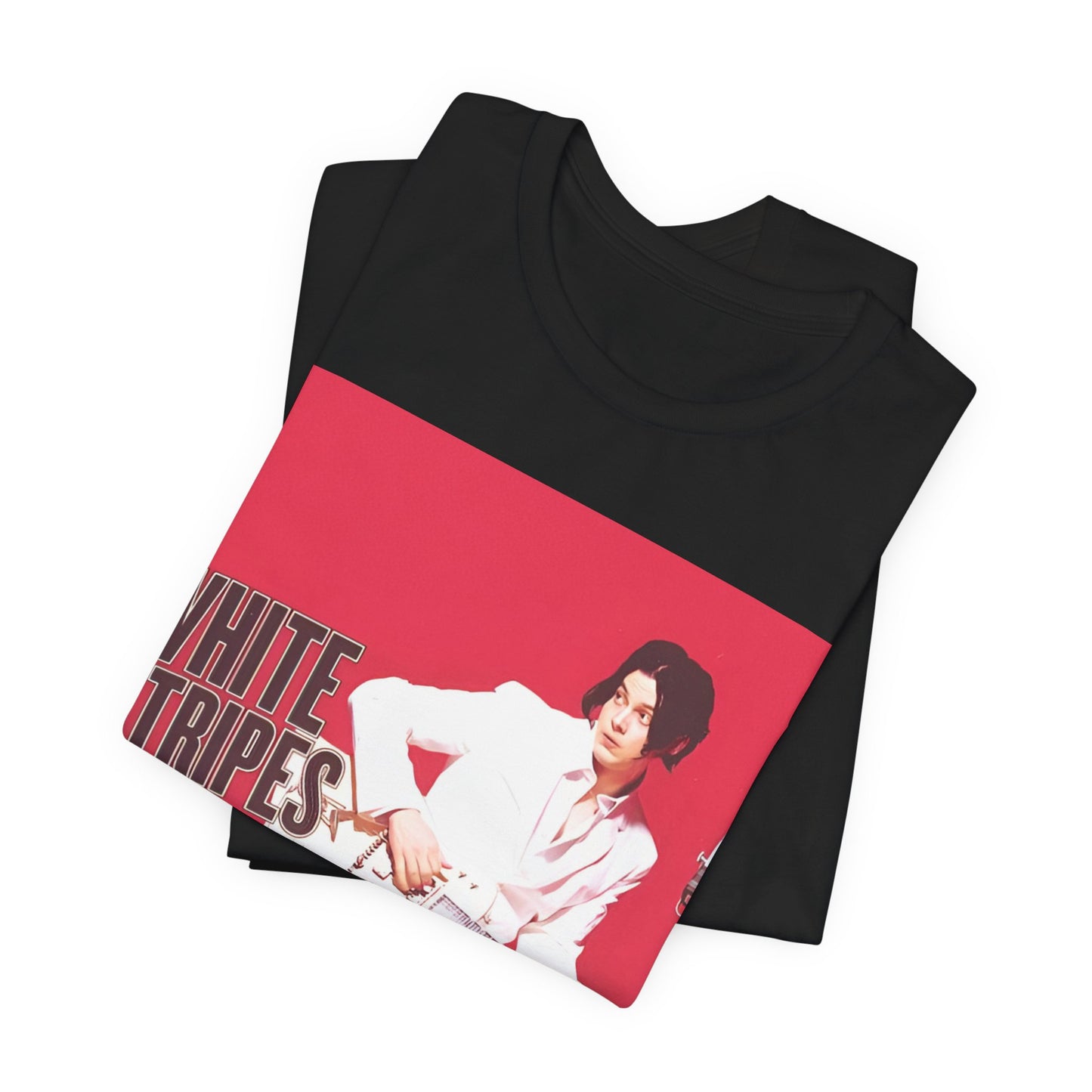 A black graphic t-shirt featuring a graphic related to The White Stripes' 'Fell In Love With A Girl' song or era.
