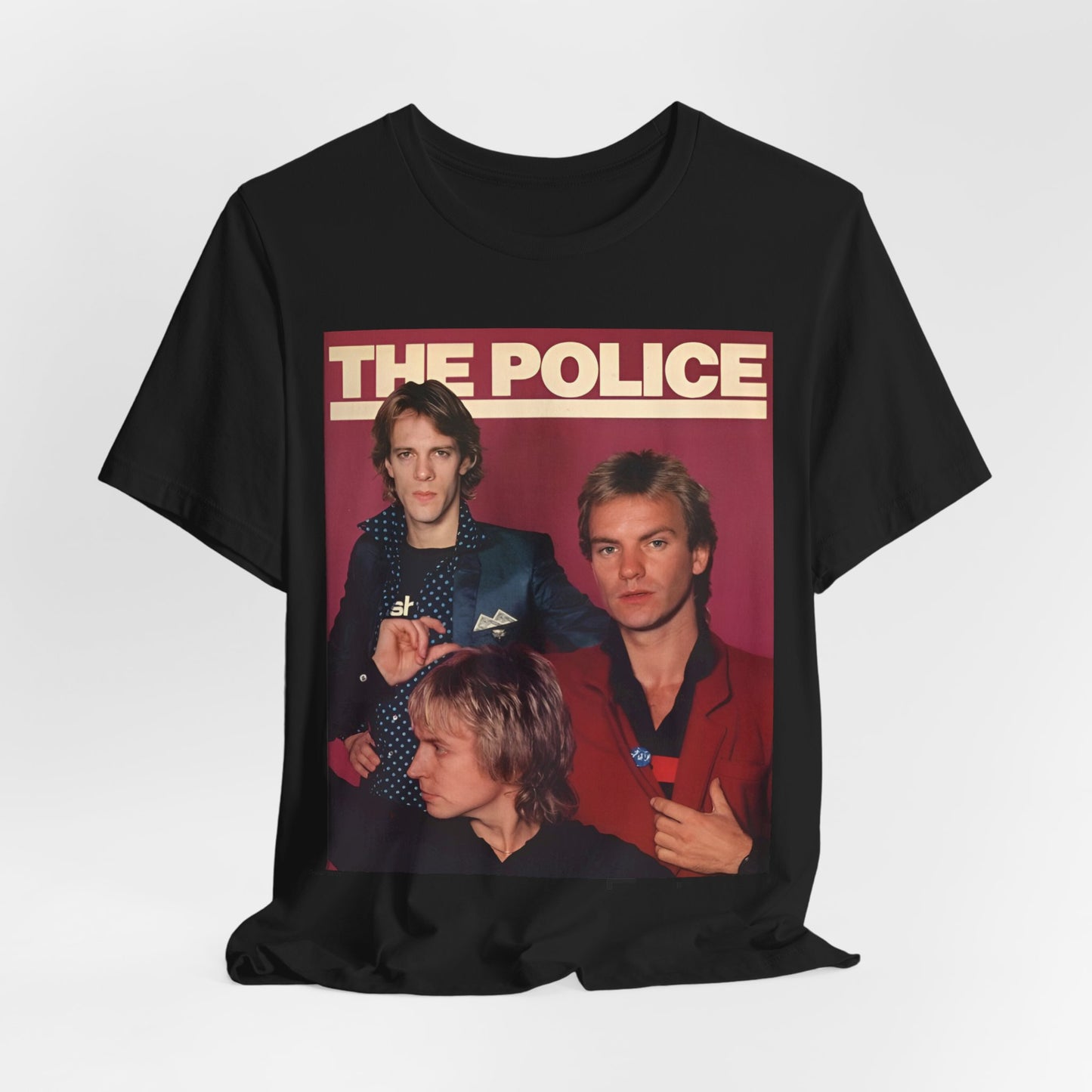 A black graphic t-shirt featuring a minimalist graphic of The Police as a power trio.