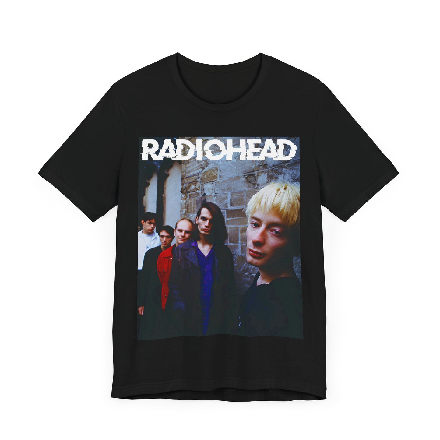 A black graphic t-shirt featuring a 90s graphic related to Radiohead's 'Karma Police' song or era.