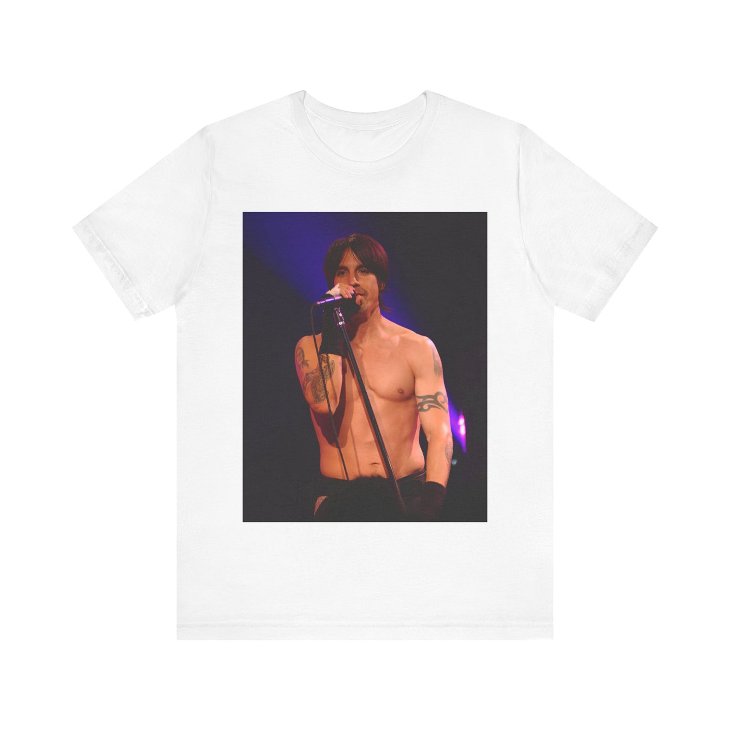 A black graphic t-shirt featuring a graphic of Anthony Kiedis from Red Hot Chili Peppers on tour.