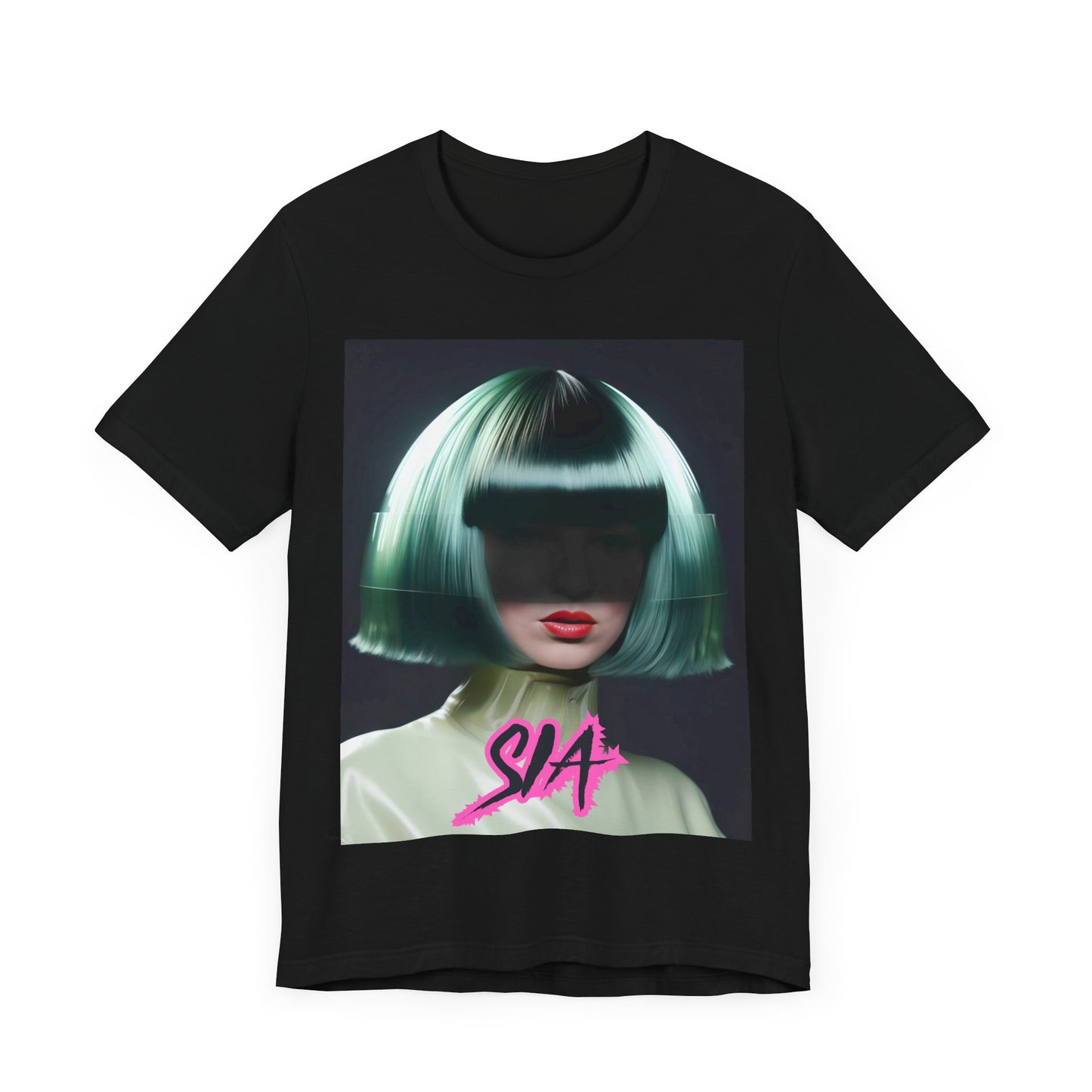 A black graphic t-shirt featuring a bold graphic of Sia as a pop superstar.