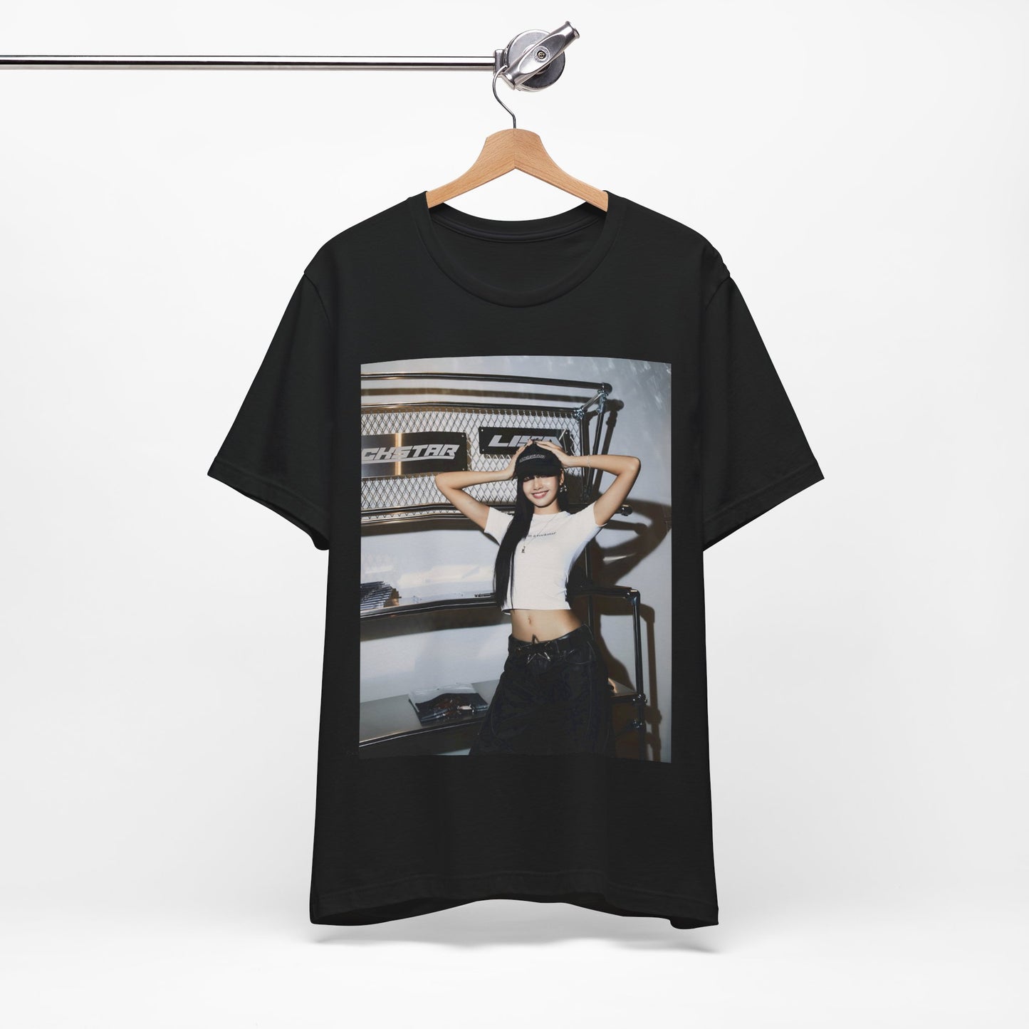 A black graphic t-shirt featuring a graphic of Lisa as a street K-Pop style queen.