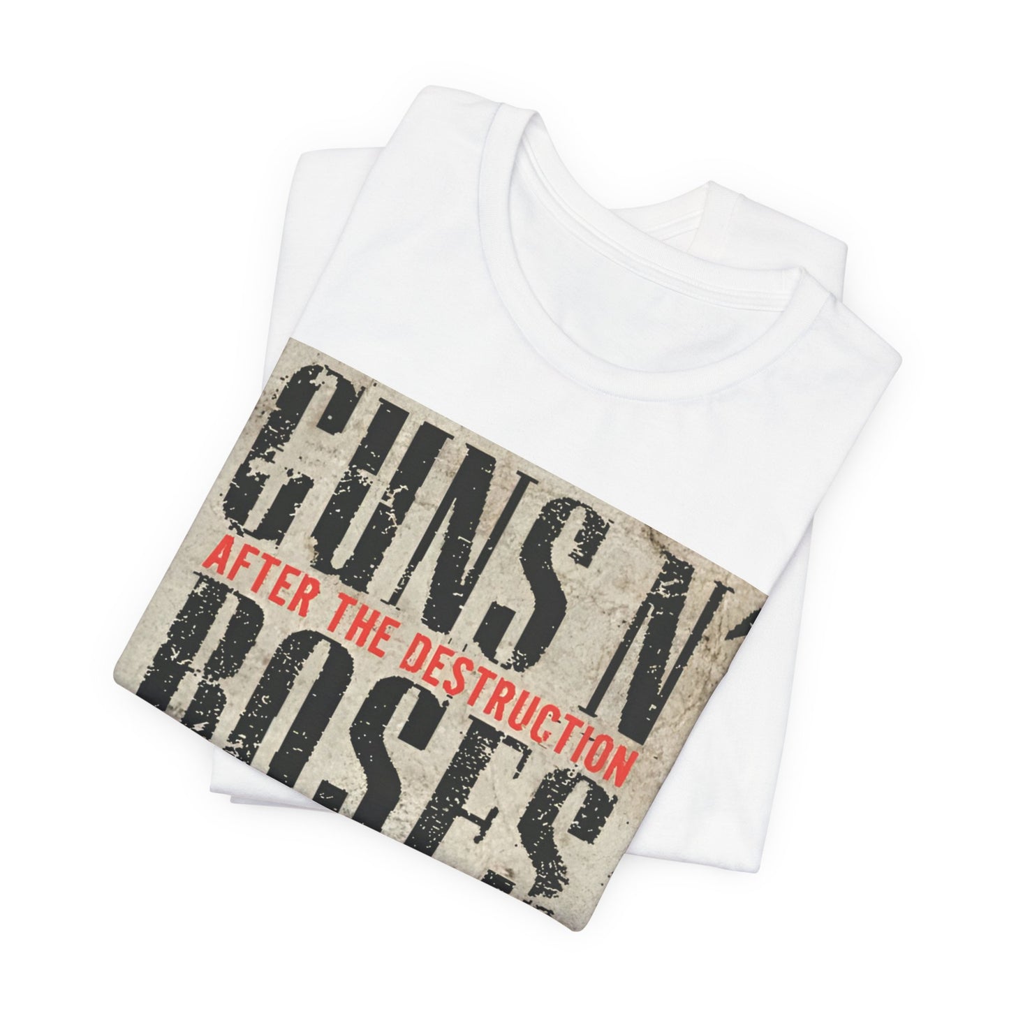 A black graphic t-shirt featuring a graphic related to Guns N' Roses, with a theme of 'after the destruction'.