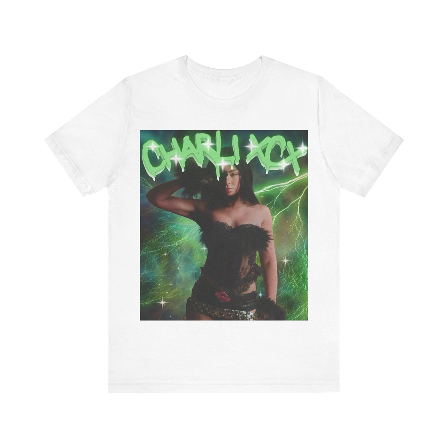 A black graphic t-shirt featuring a retro green neon graphic of Charli XCX's signature.