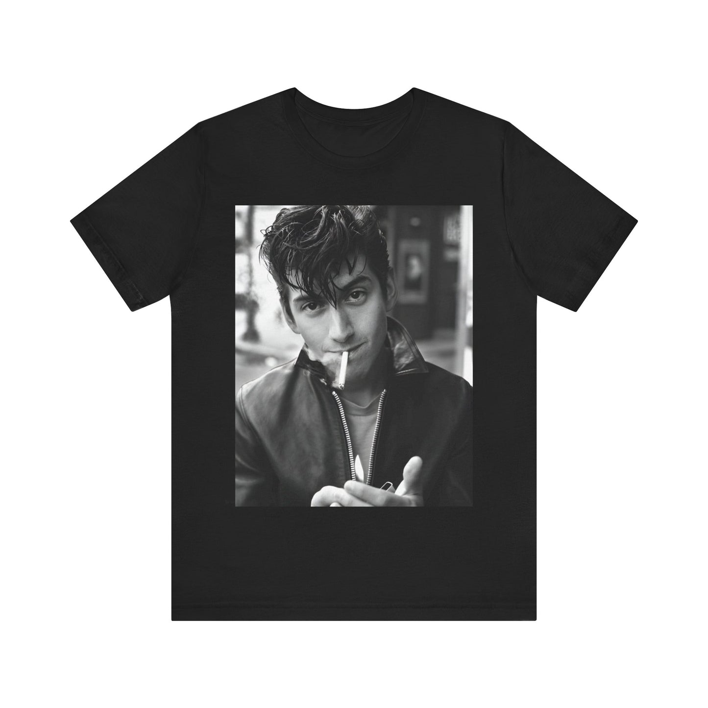 A black graphic t-shirt featuring a graphic of Alex Turner from Arctic Monkeys, in a rock star pose or setting.