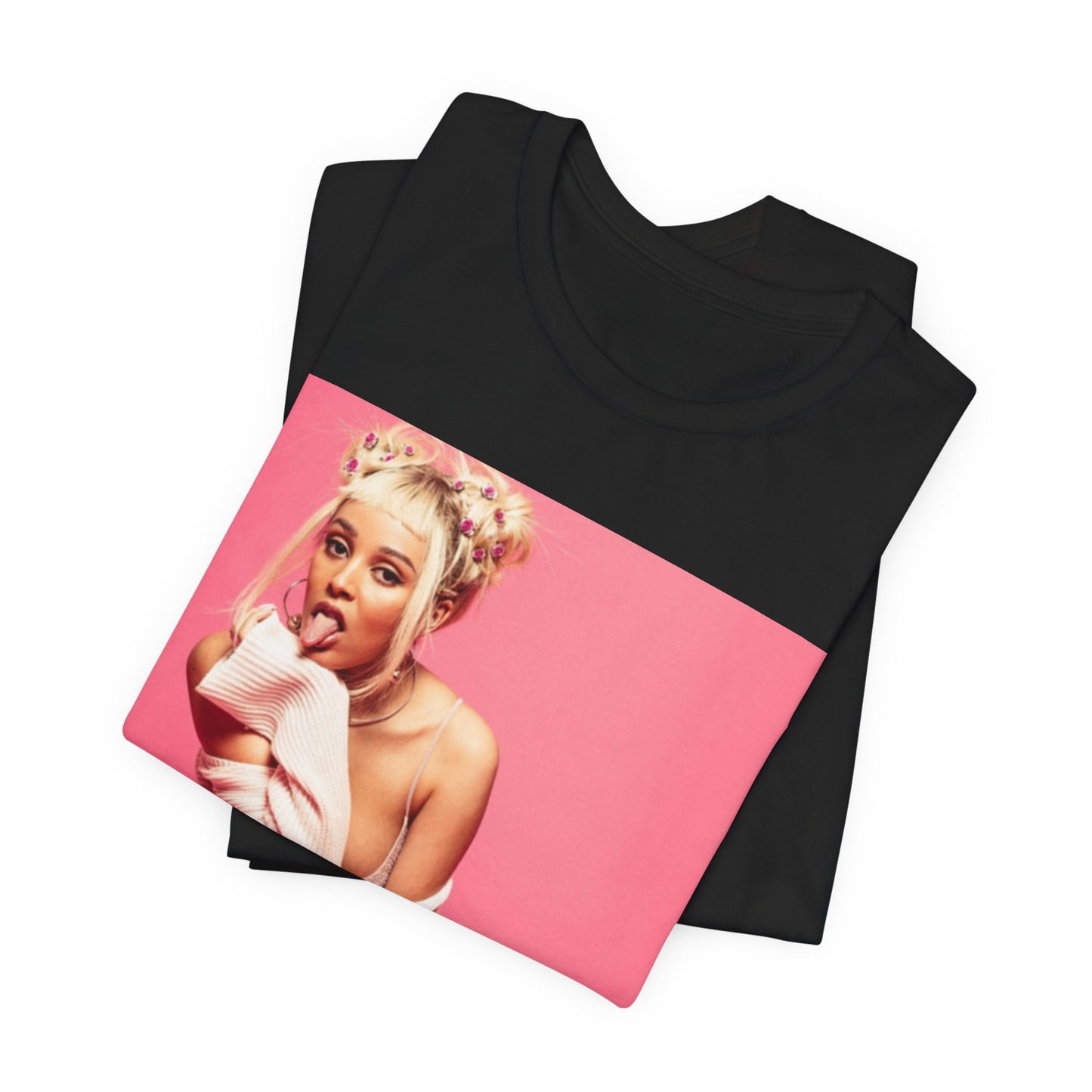 A black graphic t-shirt featuring a graphic related to Doja Cat's 'Woman' song or era.