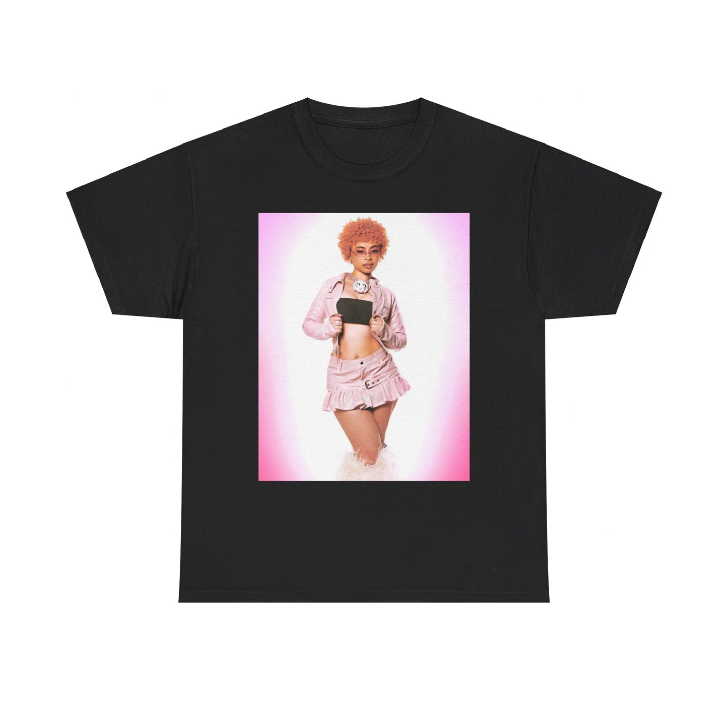 A black graphic t-shirt featuring a graphic of Ice Spice with prominent neon pink aesthetic elements.