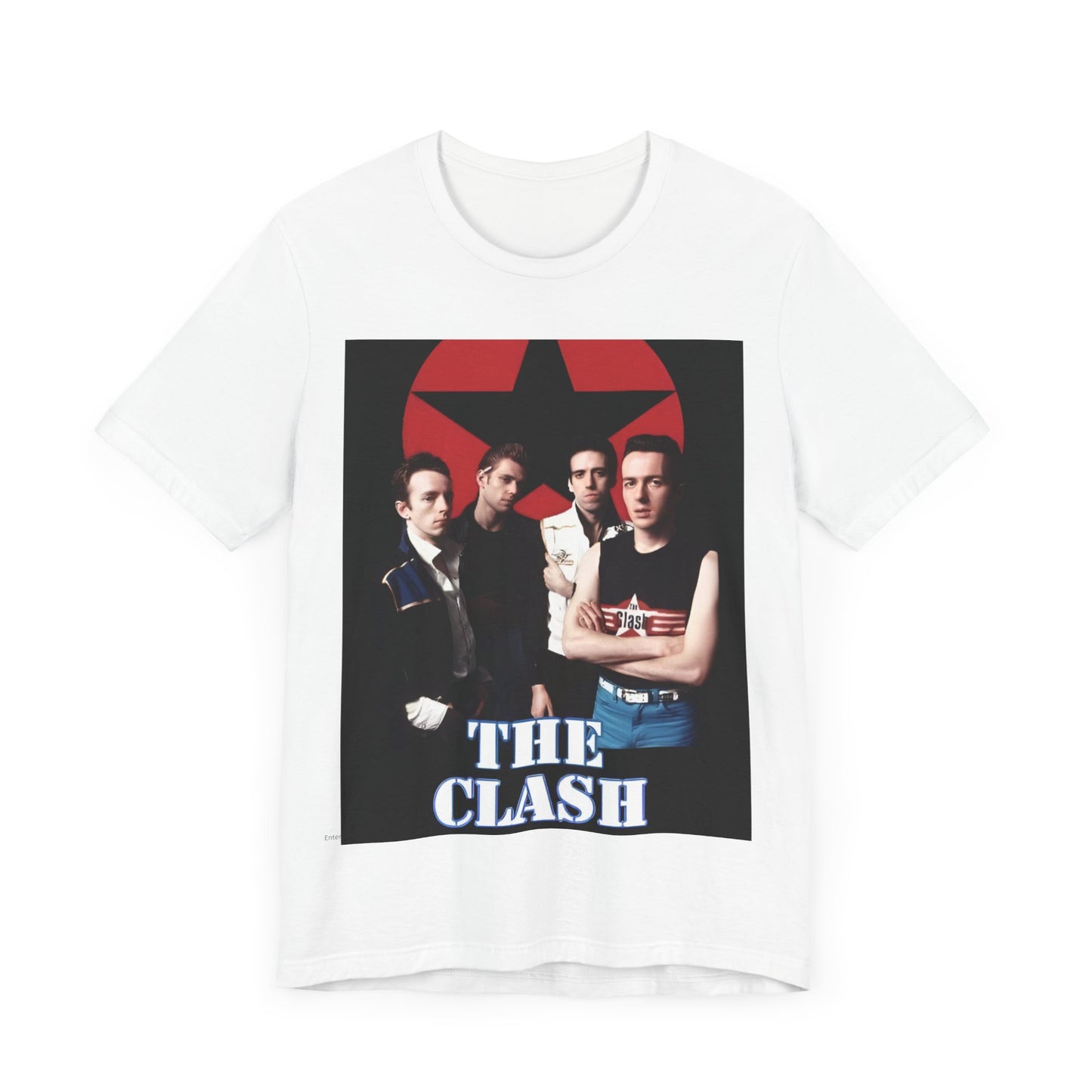 A black graphic t-shirt featuring a graphic related to The Clash's 'Should I Stay or Should I Go' song or era.