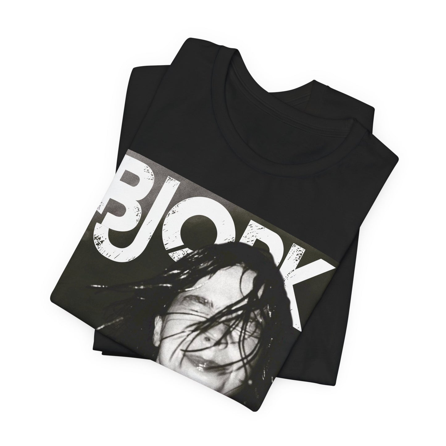 A black graphic t-shirt featuring a dark, artistic graphic of Bjork, possibly with a mysterious or otherworldly feel.