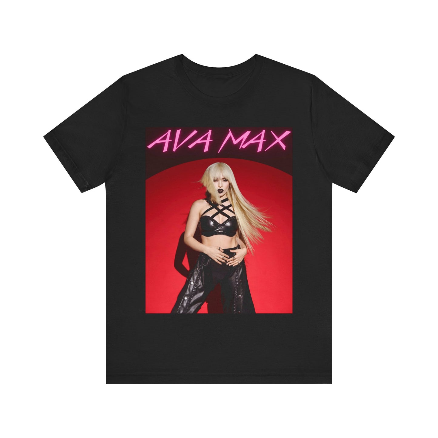 A black graphic t-shirt featuring a stylized graphic of Ava Max, emphasizing her status as a pop icon.