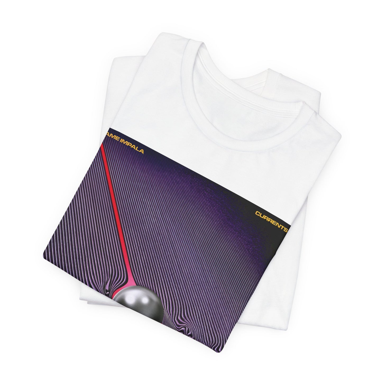 A black graphic t-shirt featuring a graphic related to Tame Impala's 'Currents' album.