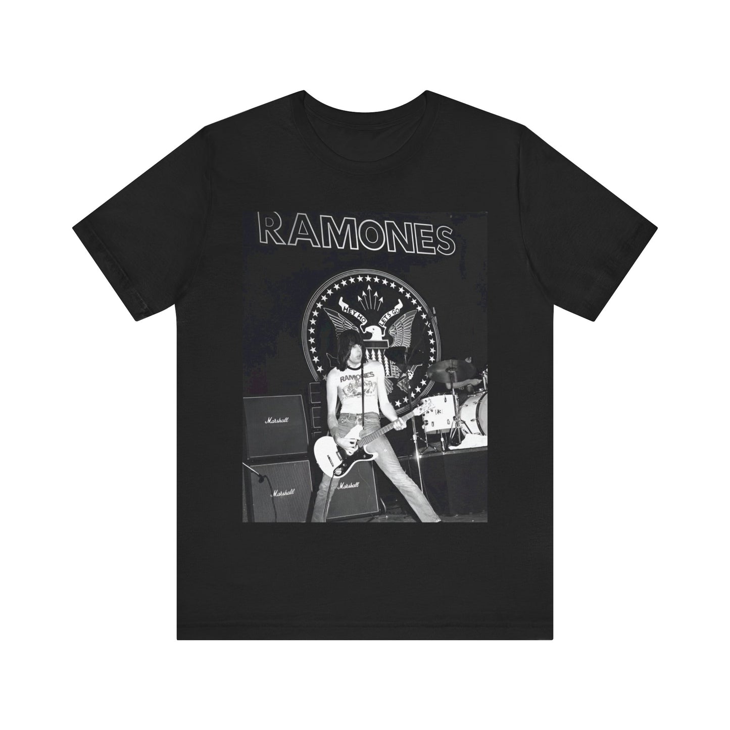 A black graphic t-shirt featuring a graphic of the Ramones with a cool NYC punk scene aesthetic.