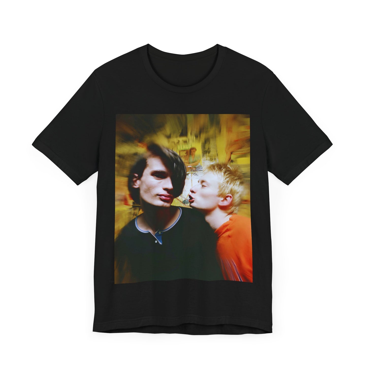 A black graphic t-shirt featuring a graphic related to Radiohead's 'No Surprises' song or era.
