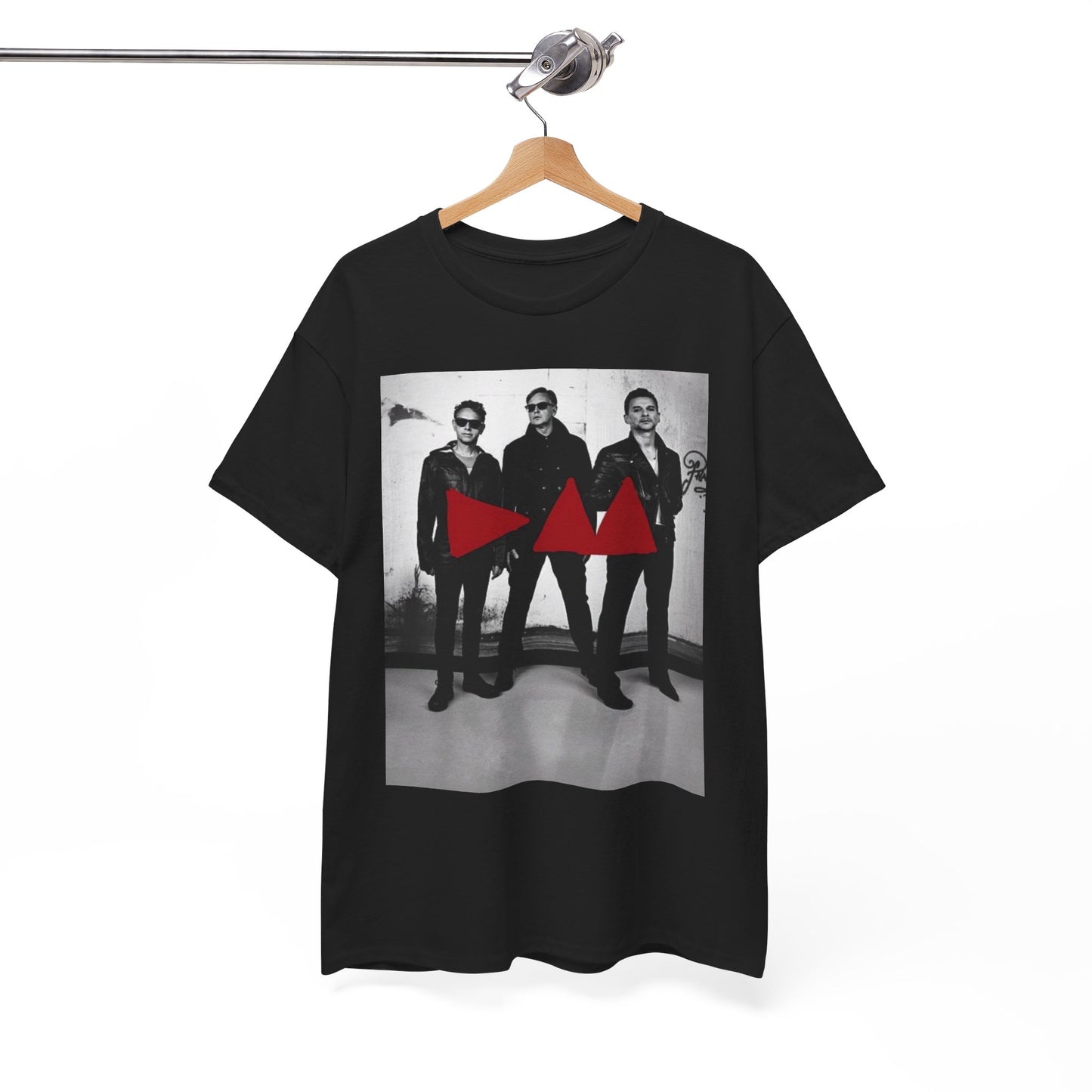 A black graphic t-shirt featuring a photo portrait of the synth-pop band Depeche Mode.