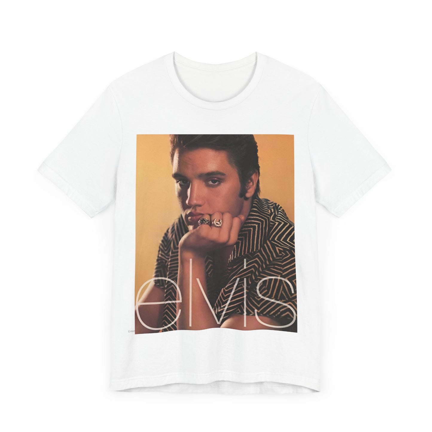 A black graphic t-shirt featuring an aesthetic photo portrait of Elvis Presley.
