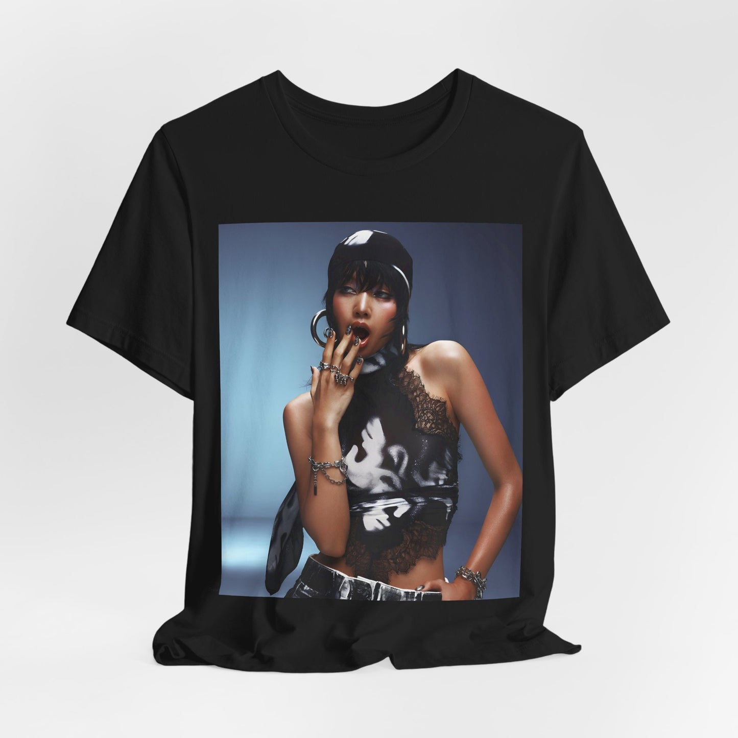 A black graphic t-shirt featuring a vintage K-Pop dance queen graphic of Lisa.