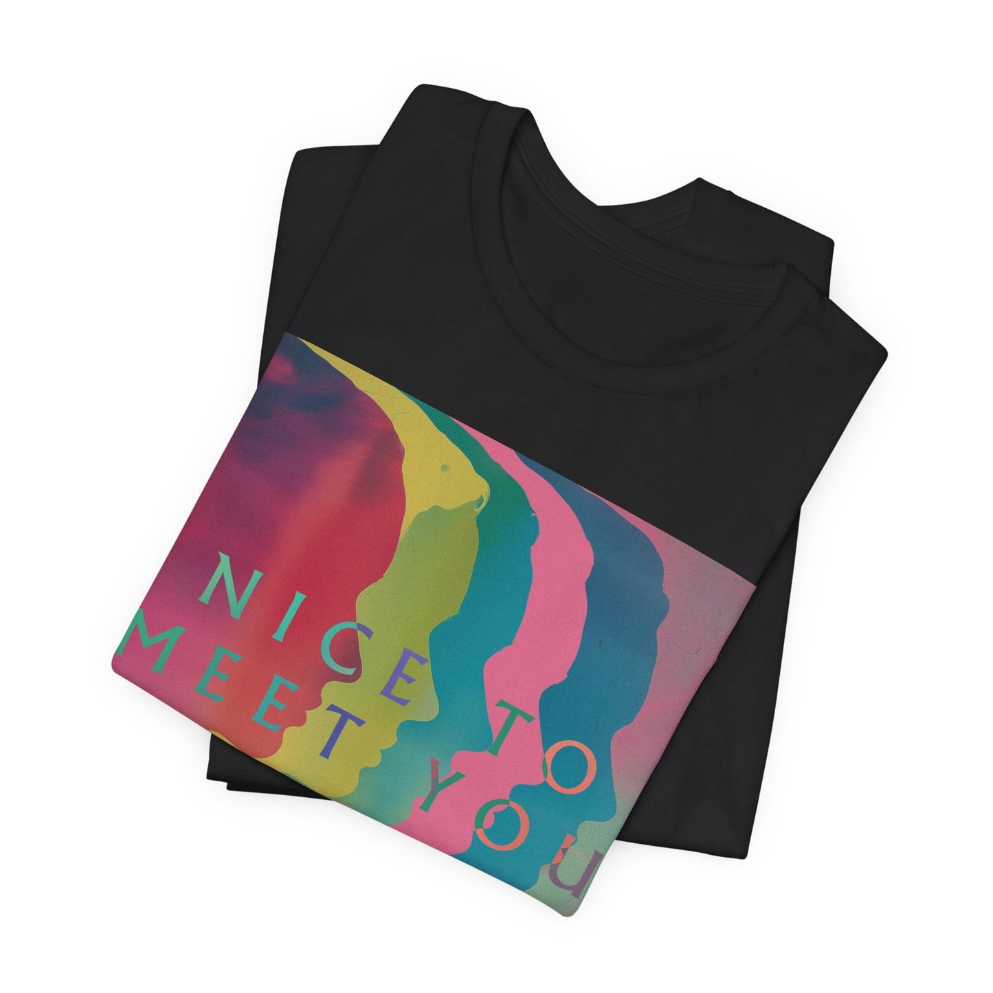 A black graphic t-shirt featuring a graphic related to Imagine Dragons' 'Nice to Meet You' song or a welcoming theme.