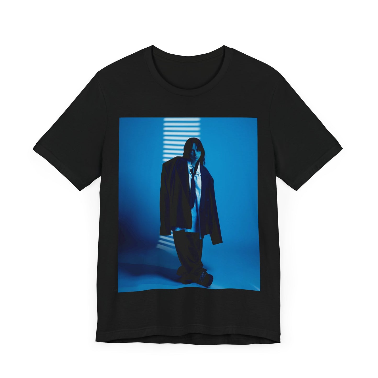 A high-fashion, editorial-style photo of Billie Eilish, embodying a 'breaking the rules' attitude, printed on a graphic t-shirt.