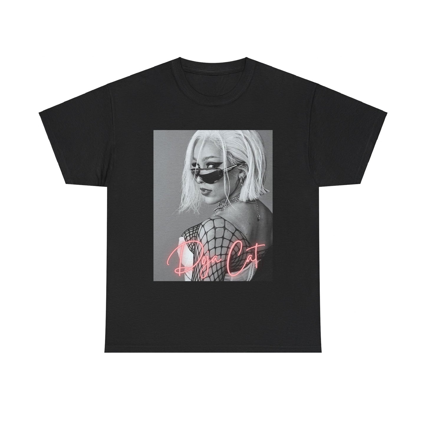 A black graphic t-shirt featuring a black and white portrait photo of Doja Cat.