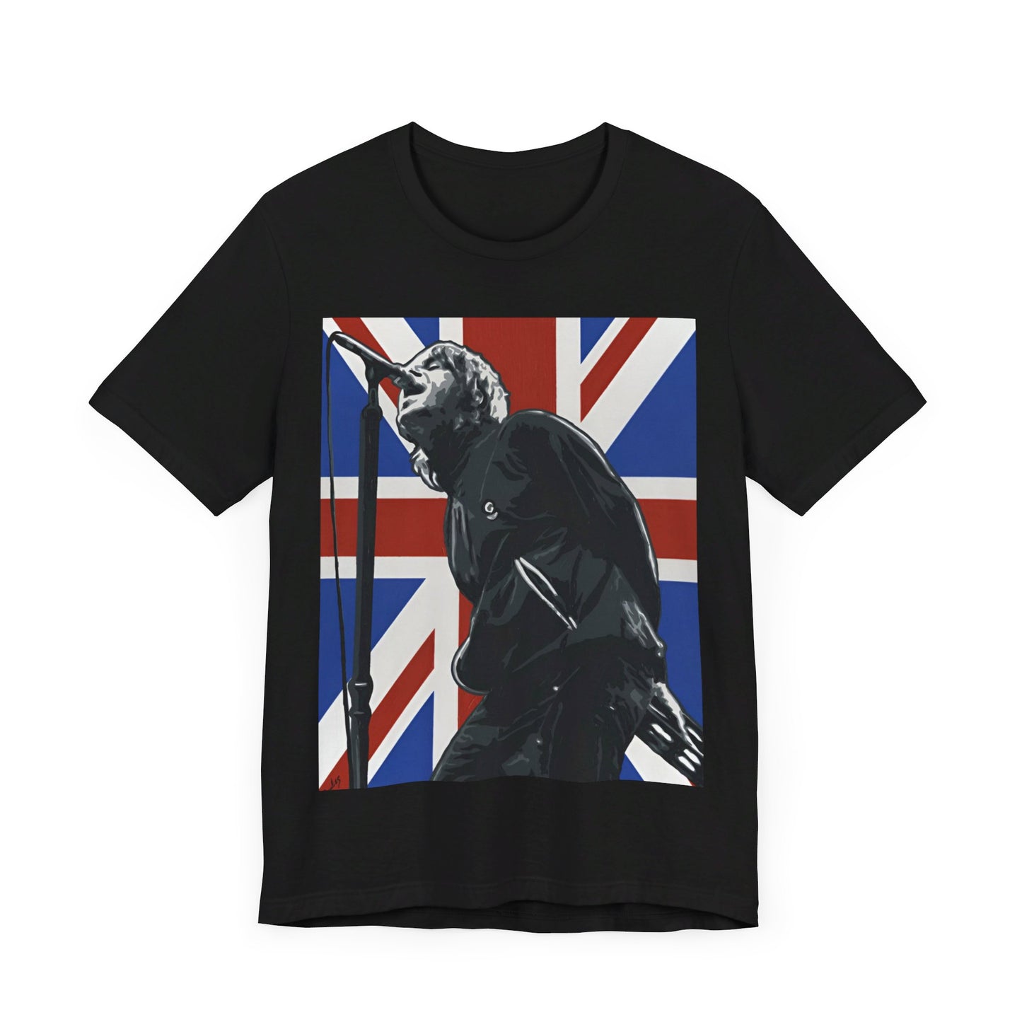 A black graphic t-shirt featuring a graphic of Oasis with timeless Britpop vibes.