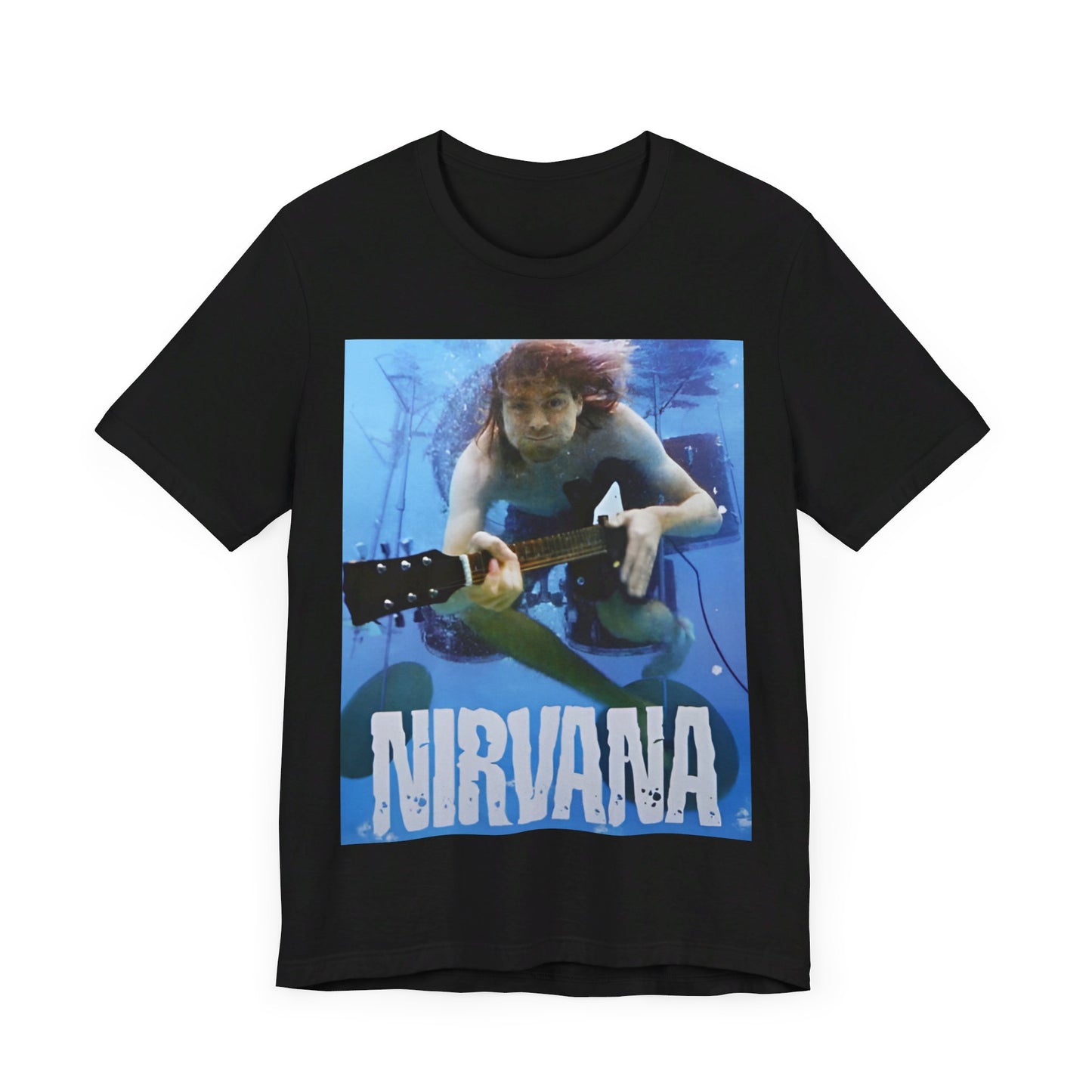 A black graphic t-shirt featuring a bold graphic related to Nirvana's 'Lithium' song or era.