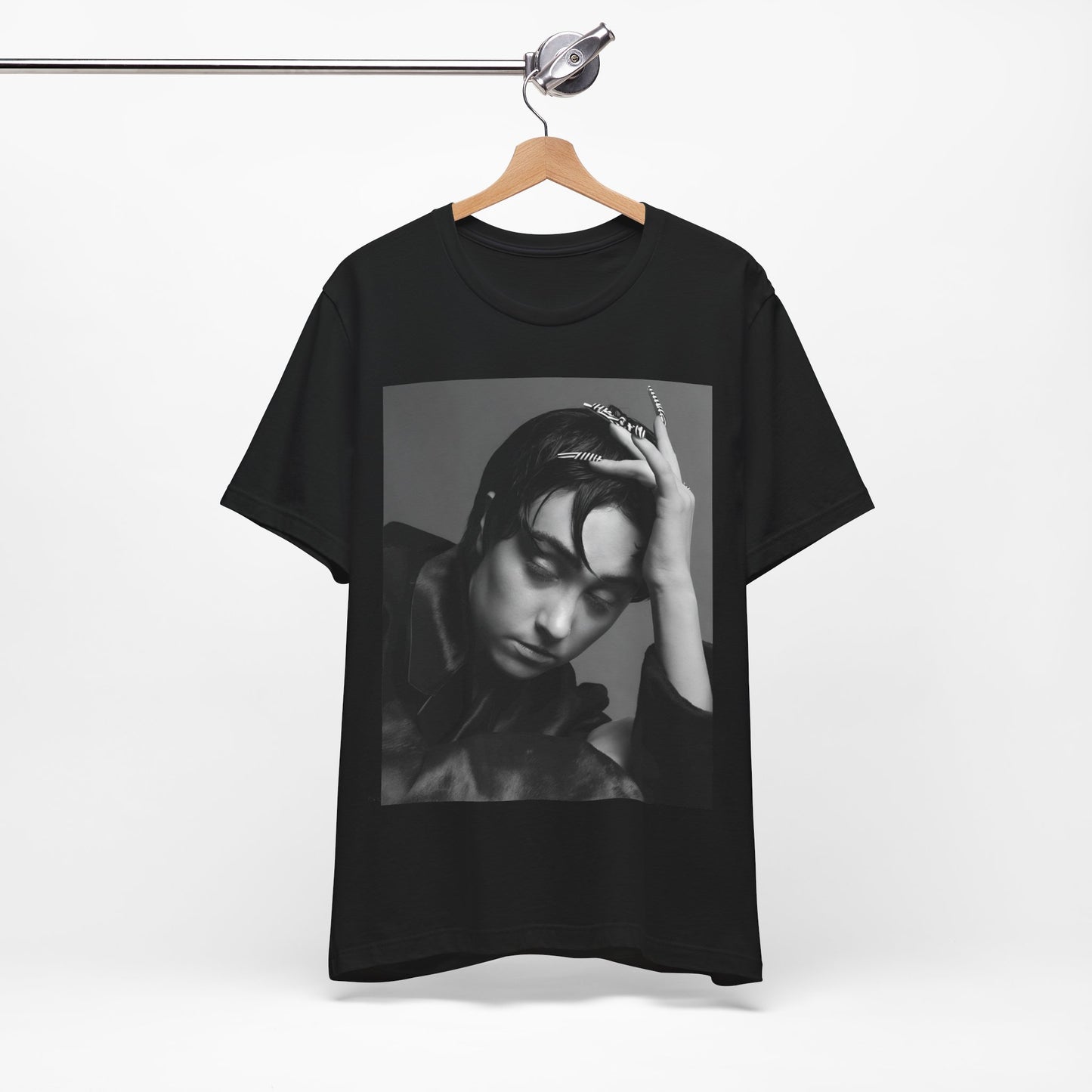 A black graphic t-shirt featuring a black and white graphic of Chappell Roan as a queer pop icon.