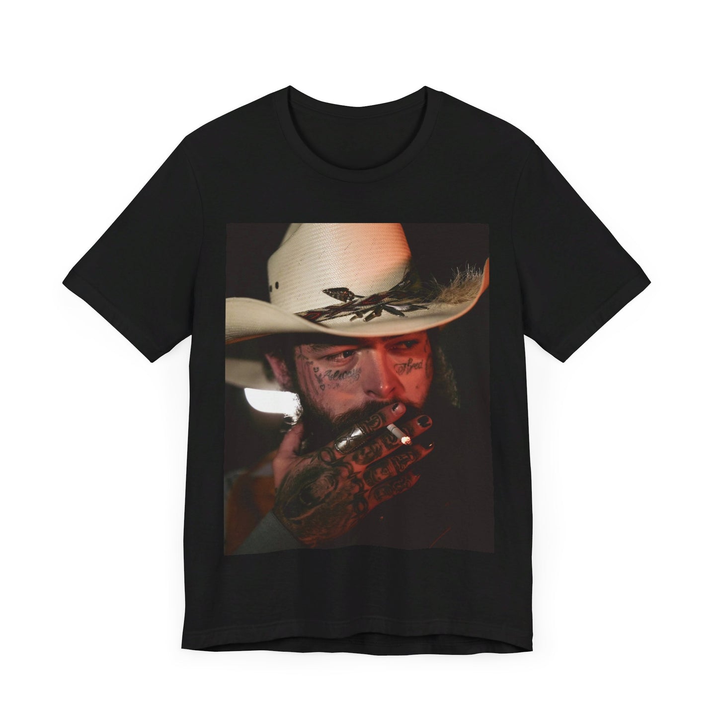 A black graphic t-shirt featuring a graphic of Post Malone wearing a cowboy hat.