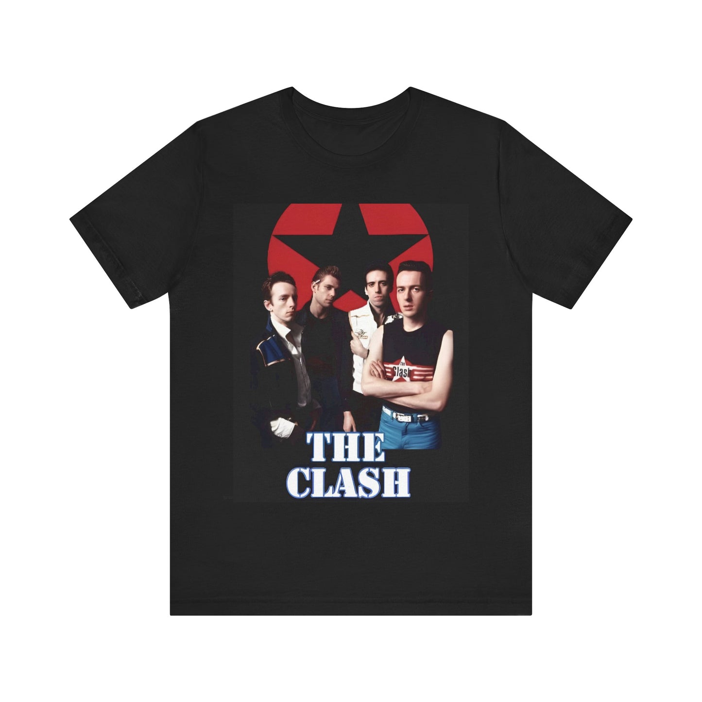 A black graphic t-shirt featuring a graphic related to The Clash's 'Should I Stay or Should I Go' song or era.