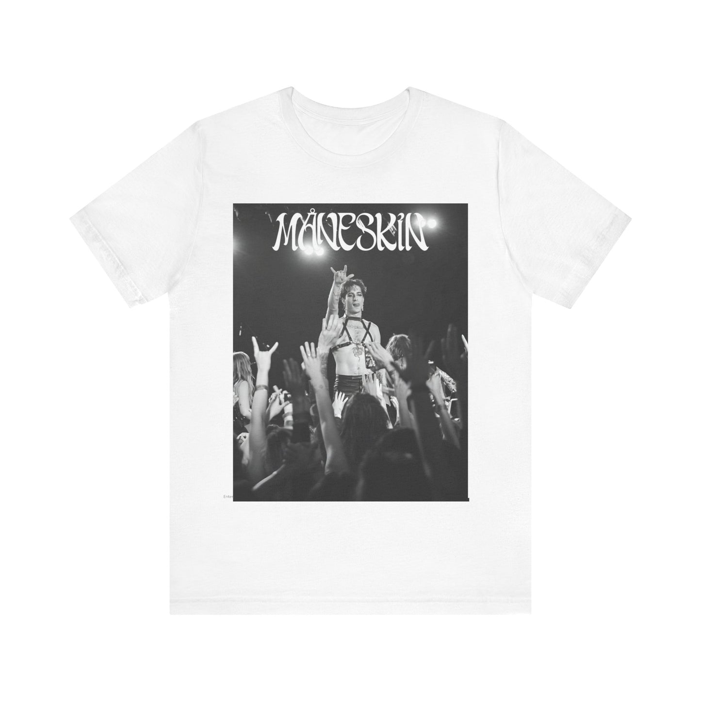 A black graphic t-shirt featuring a graphic or photo of Maneskin performing live.