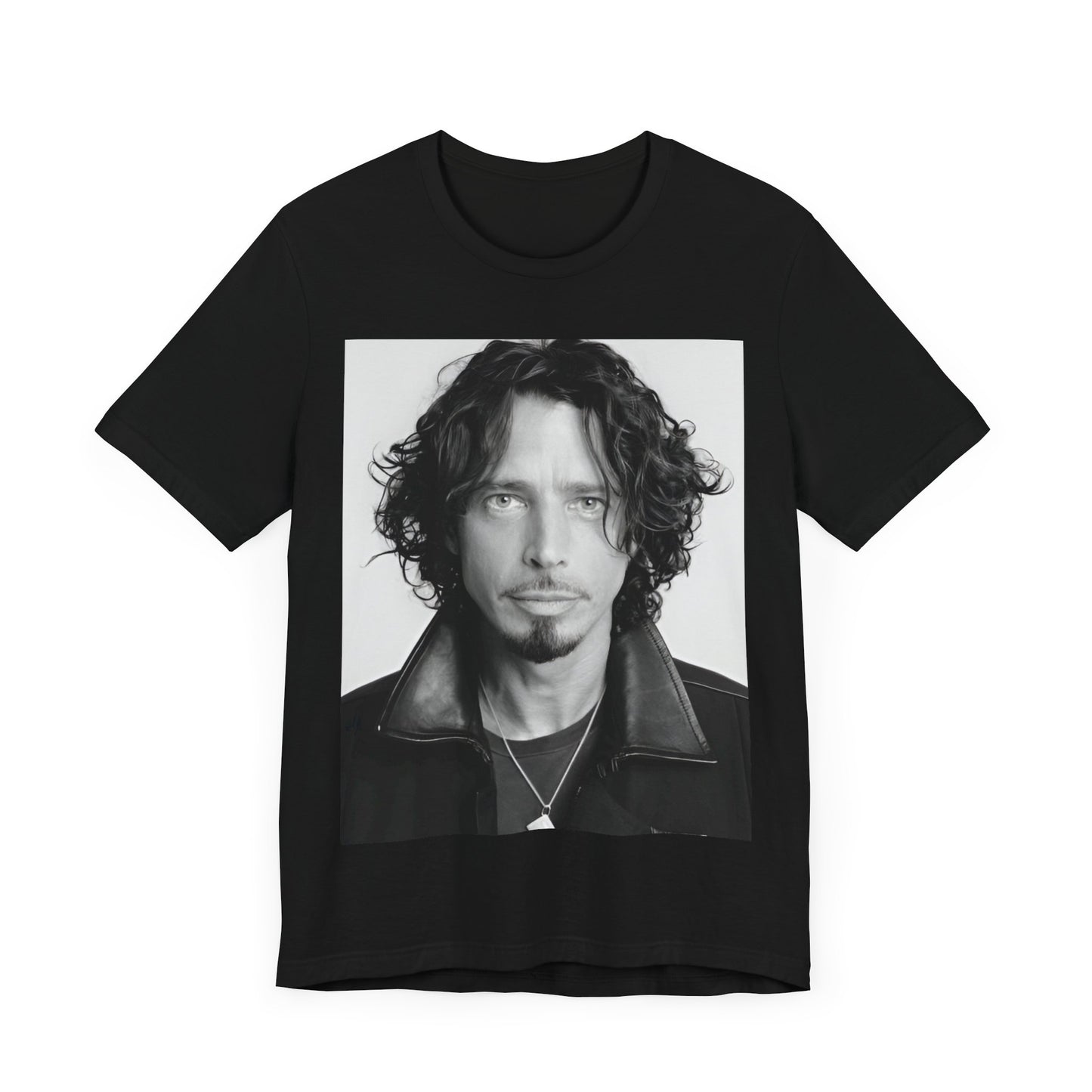 A black graphic t-shirt featuring a timeless black and white photo portrait of Chris Cornell.