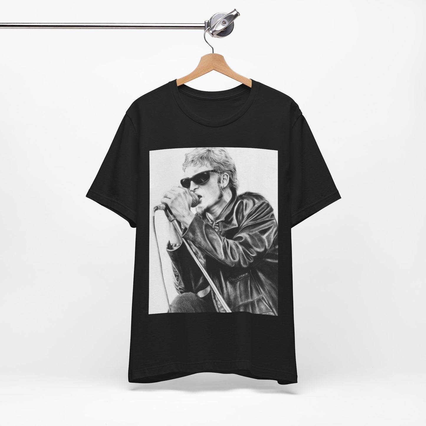 A black graphic t-shirt featuring a photo of Layne Staley from Alice In Chains performing live in concert, showing his intense stage presence.
