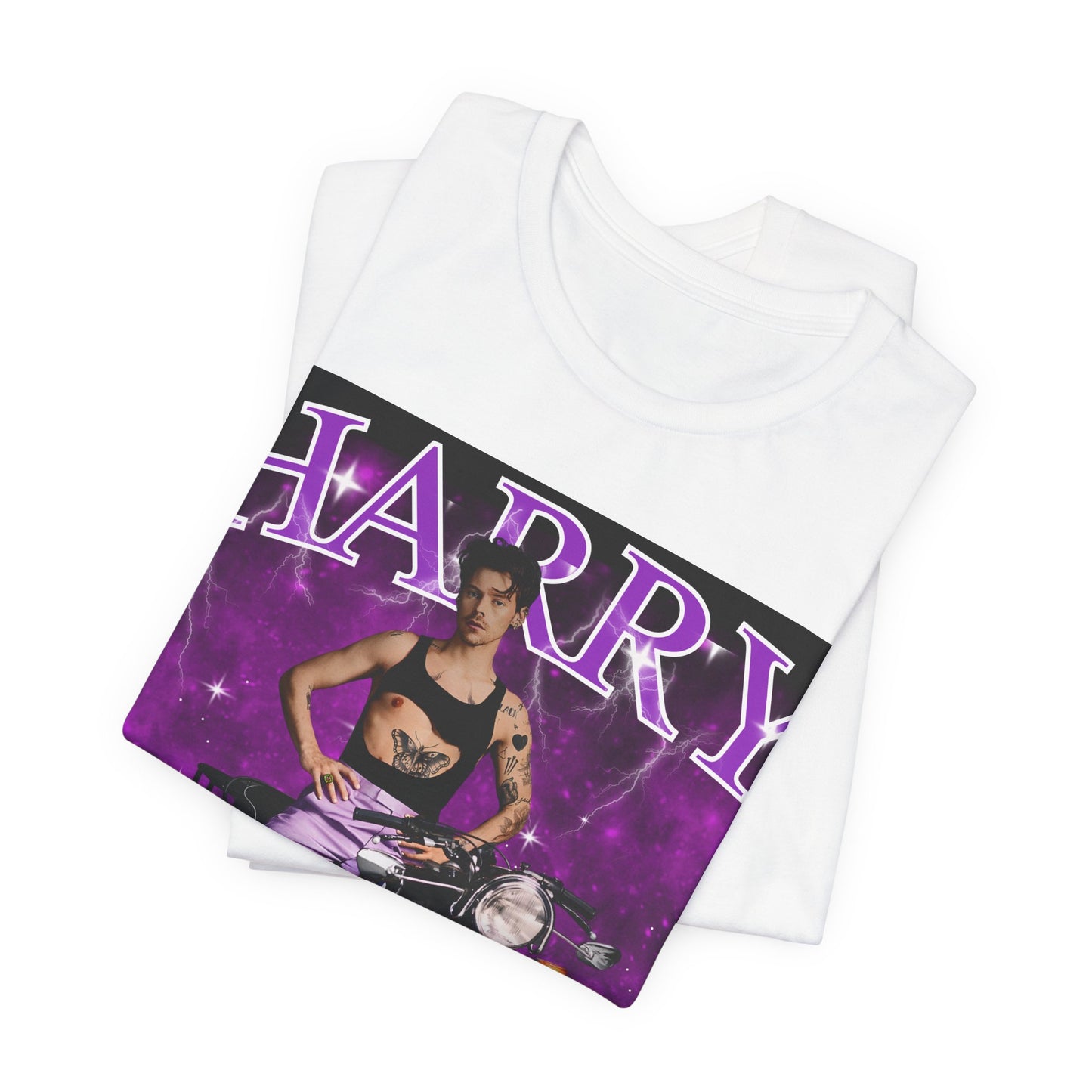 A black graphic t-shirt featuring a neon bootleg graphic of Harry Styles.